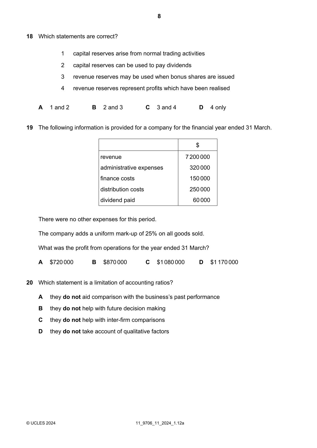 Cambridge A Level Accounting 9706 2024 Oct/Nov Paper 1 · Variant 1 question paper, page 8 of 12