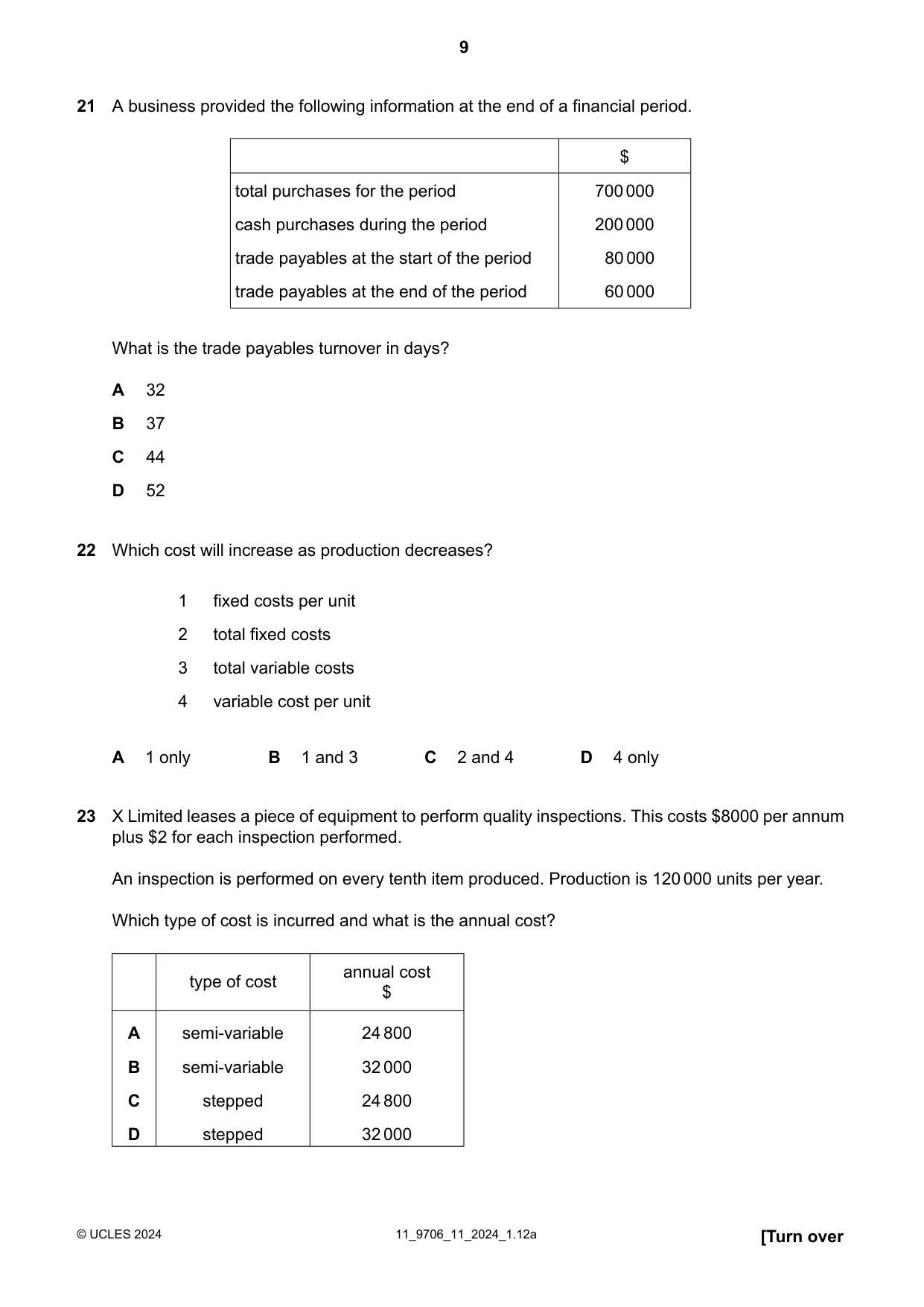 Cambridge A Level Accounting 9706 2024 Oct/Nov Paper 1 · Variant 1 question paper, page 9 of 12