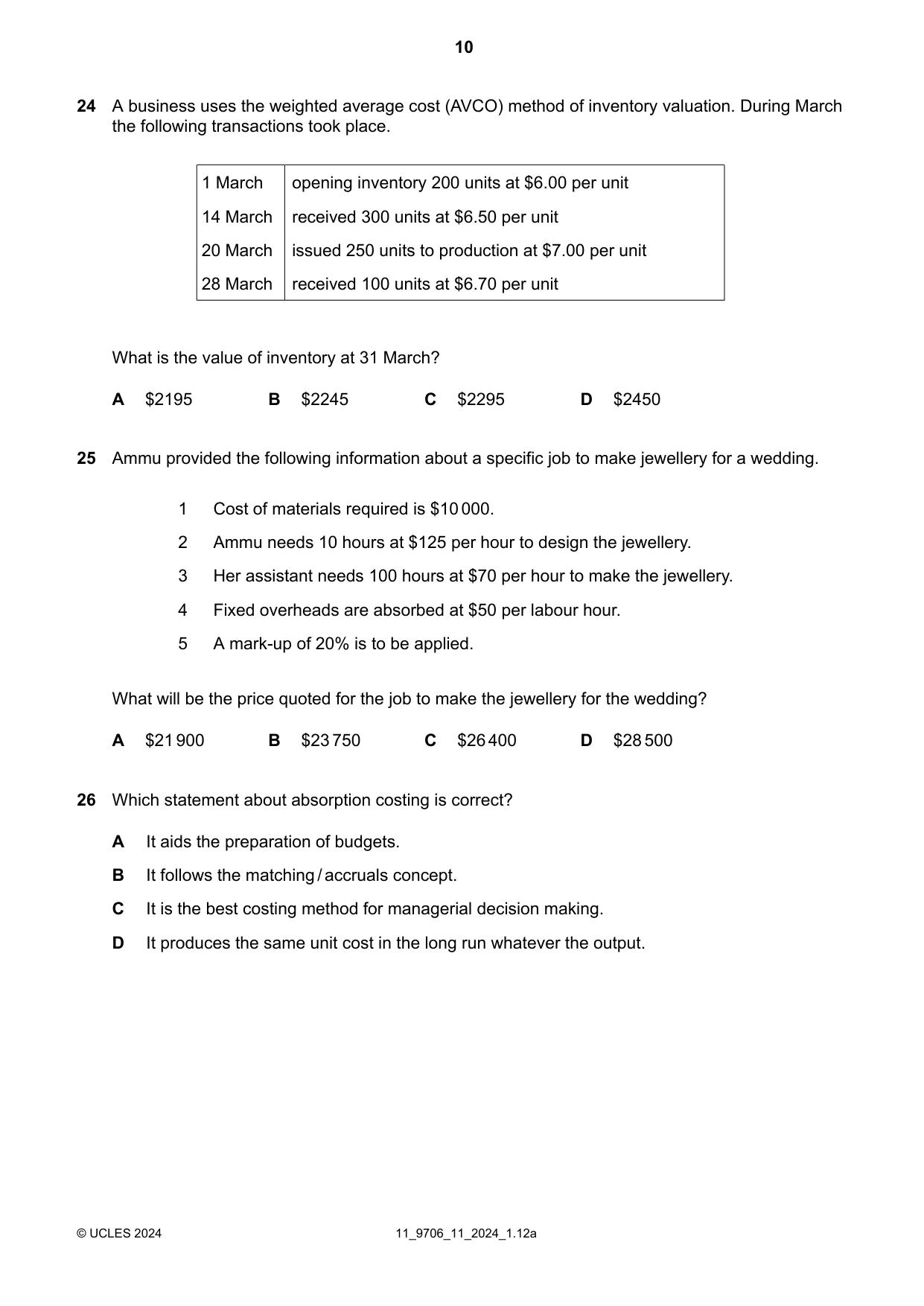 Cambridge A Level Accounting 9706 2024 Oct/Nov Paper 1 · Variant 1 question paper, page 10 of 12