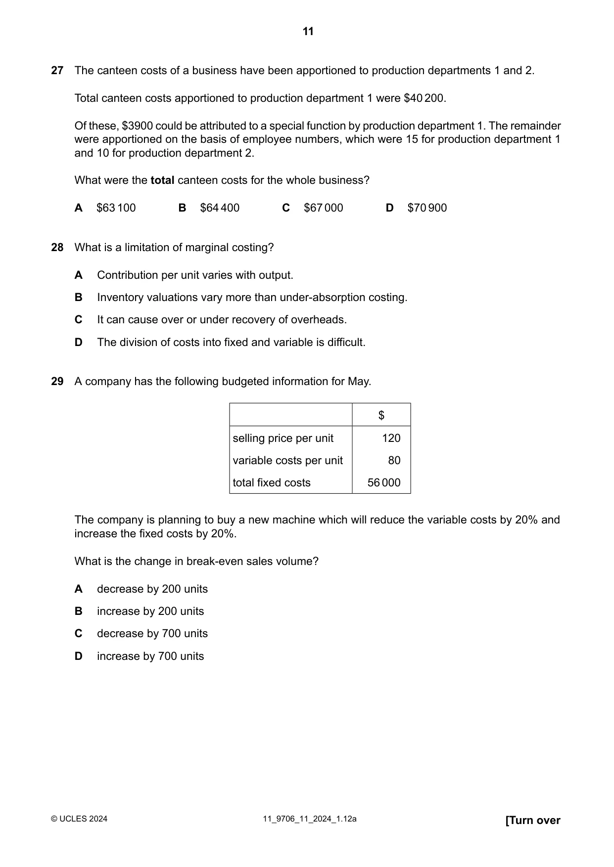 Cambridge A Level Accounting 9706 2024 Oct/Nov Paper 1 · Variant 1 question paper, page 11 of 12