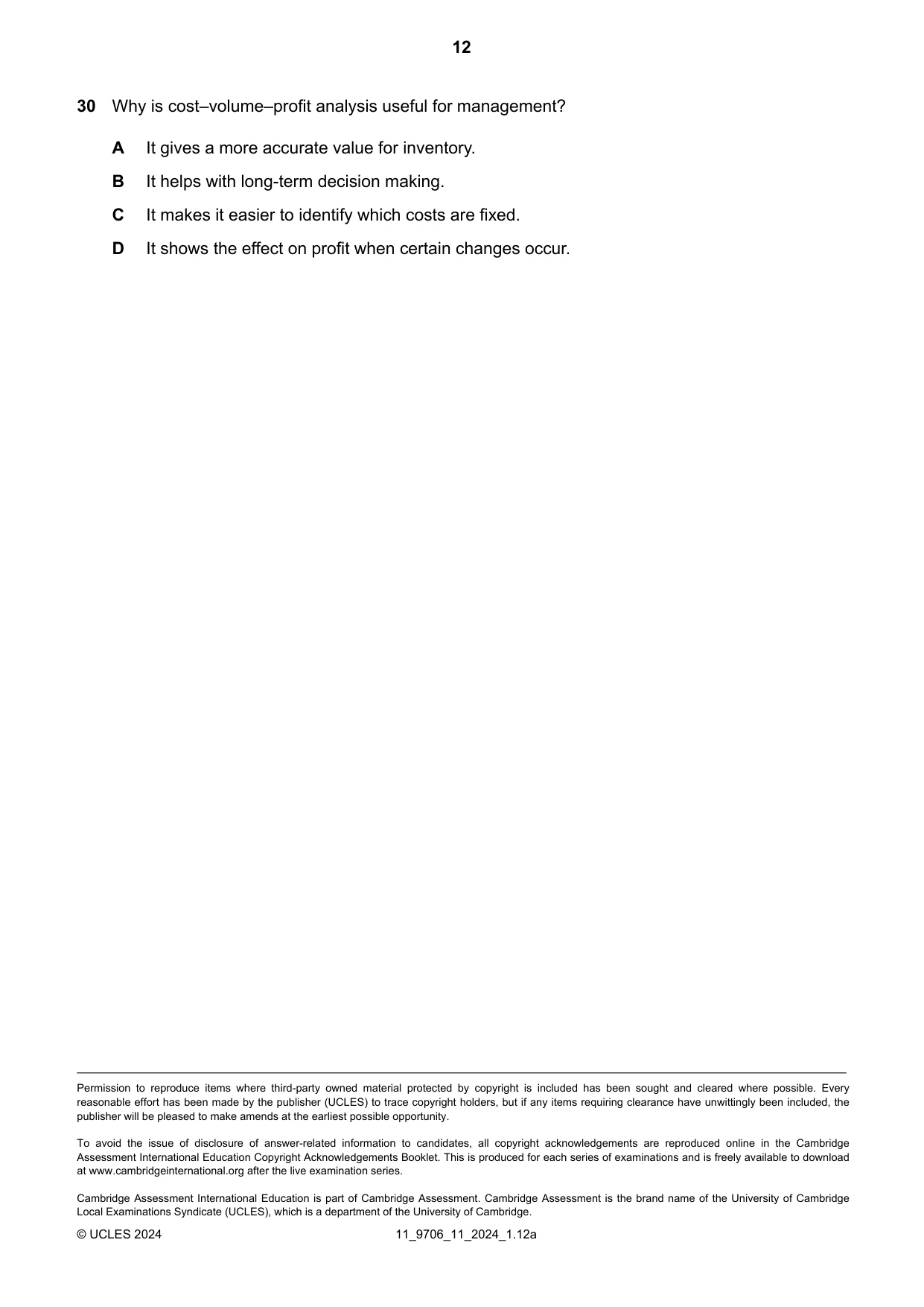 Cambridge A Level Accounting 9706 2024 Oct/Nov Paper 1 · Variant 1 question paper, page 12 of 12