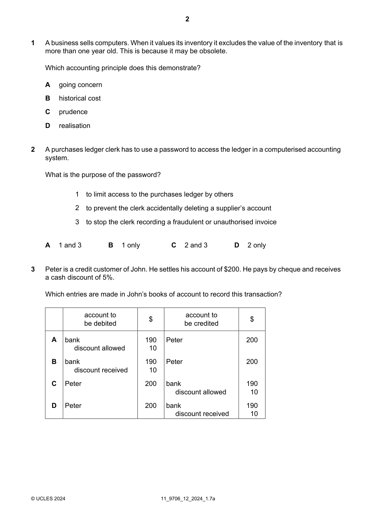 Cambridge A Level Accounting 9706 2024 Oct/Nov Paper 1 · Variant 2 question paper, page 2 of 12