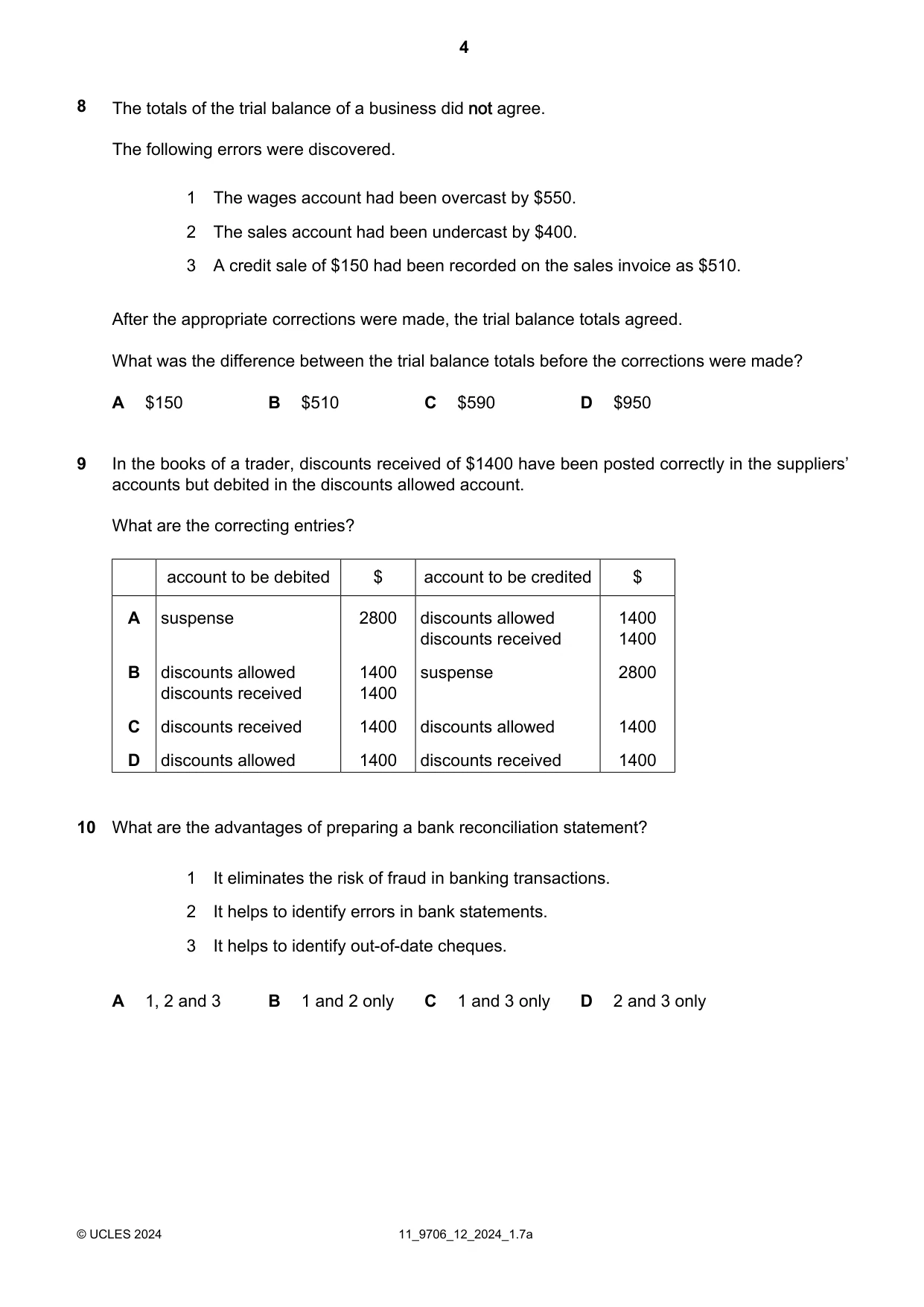 Cambridge A Level Accounting 9706 2024 Oct/Nov Paper 1 · Variant 2 question paper, page 4 of 12