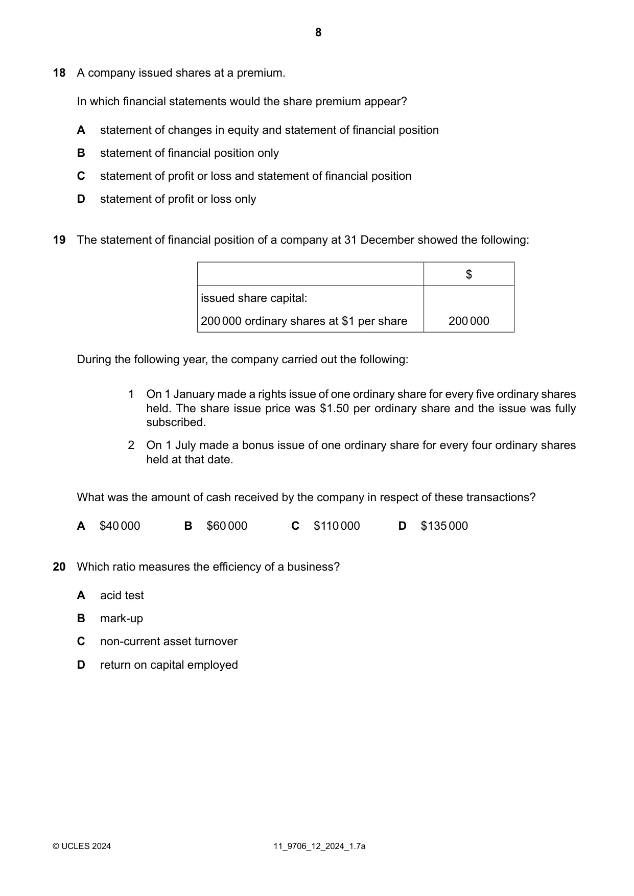 Cambridge A Level Accounting 9706 2024 Oct/Nov Paper 1 · Variant 2 question paper, page 8 of 12