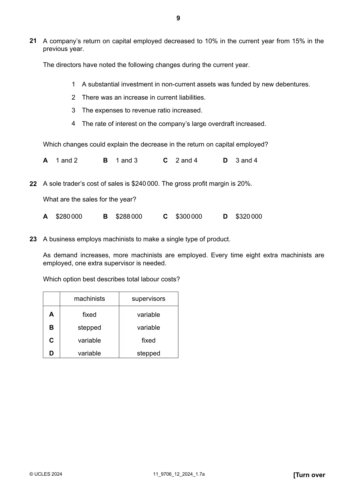 Cambridge A Level Accounting 9706 2024 Oct/Nov Paper 1 · Variant 2 question paper, page 9 of 12