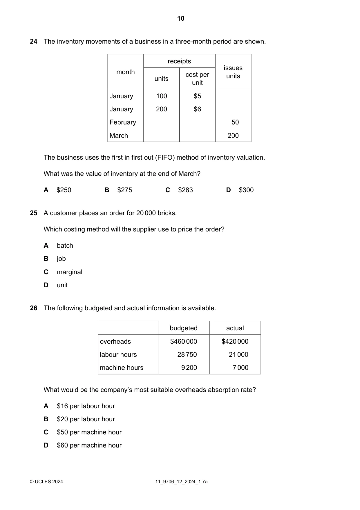 Cambridge A Level Accounting 9706 2024 Oct/Nov Paper 1 · Variant 2 question paper, page 10 of 12