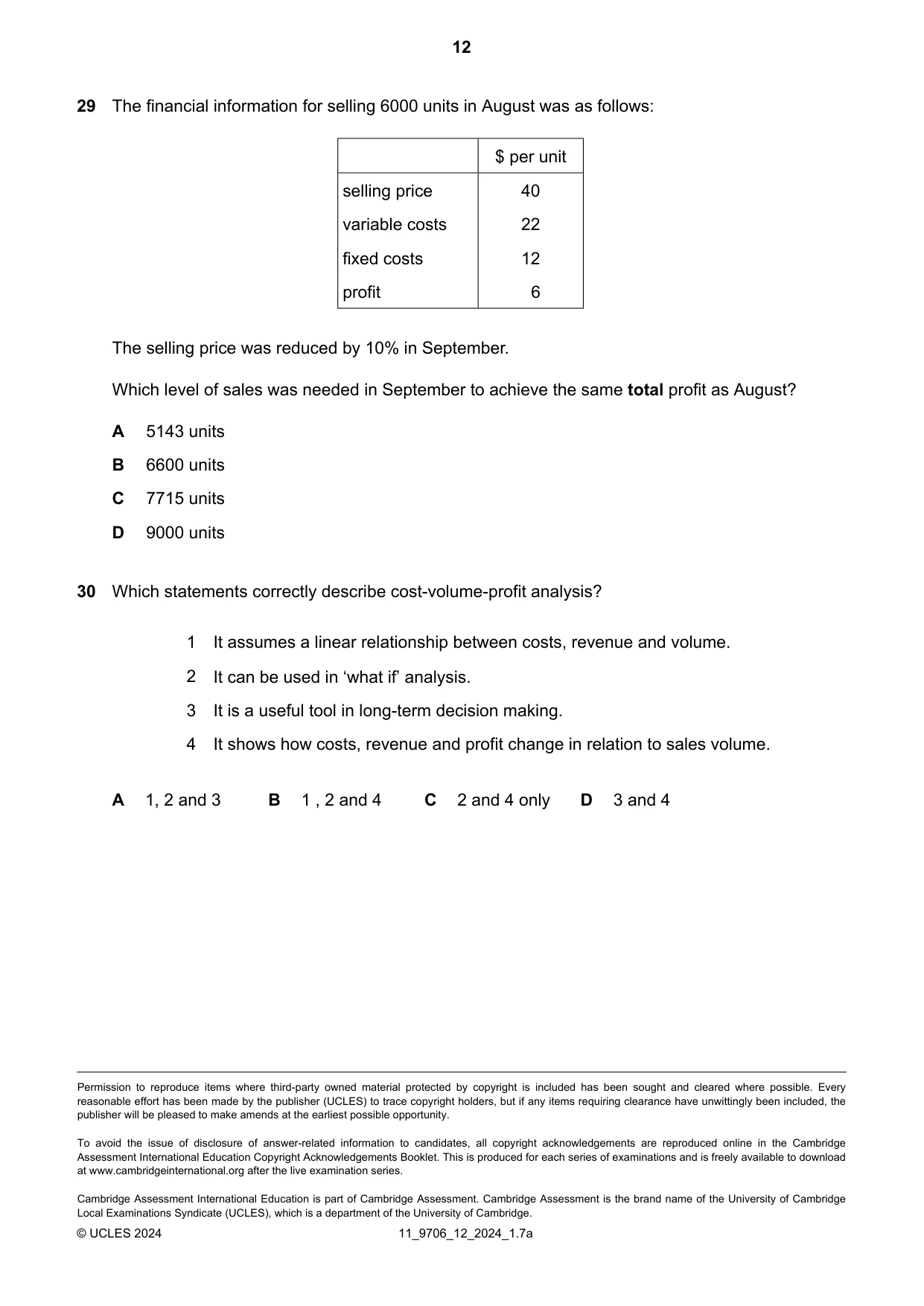 Cambridge A Level Accounting 9706 2024 Oct/Nov Paper 1 · Variant 2 question paper, page 12 of 12
