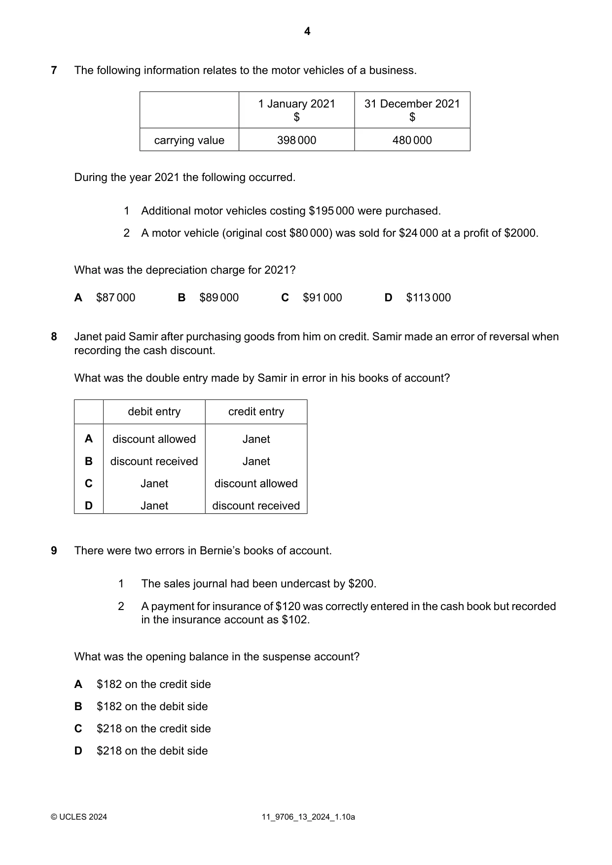 Cambridge A Level Accounting 9706 2024 Oct/Nov Paper 1 · Variant 3 question paper, page 4 of 12
