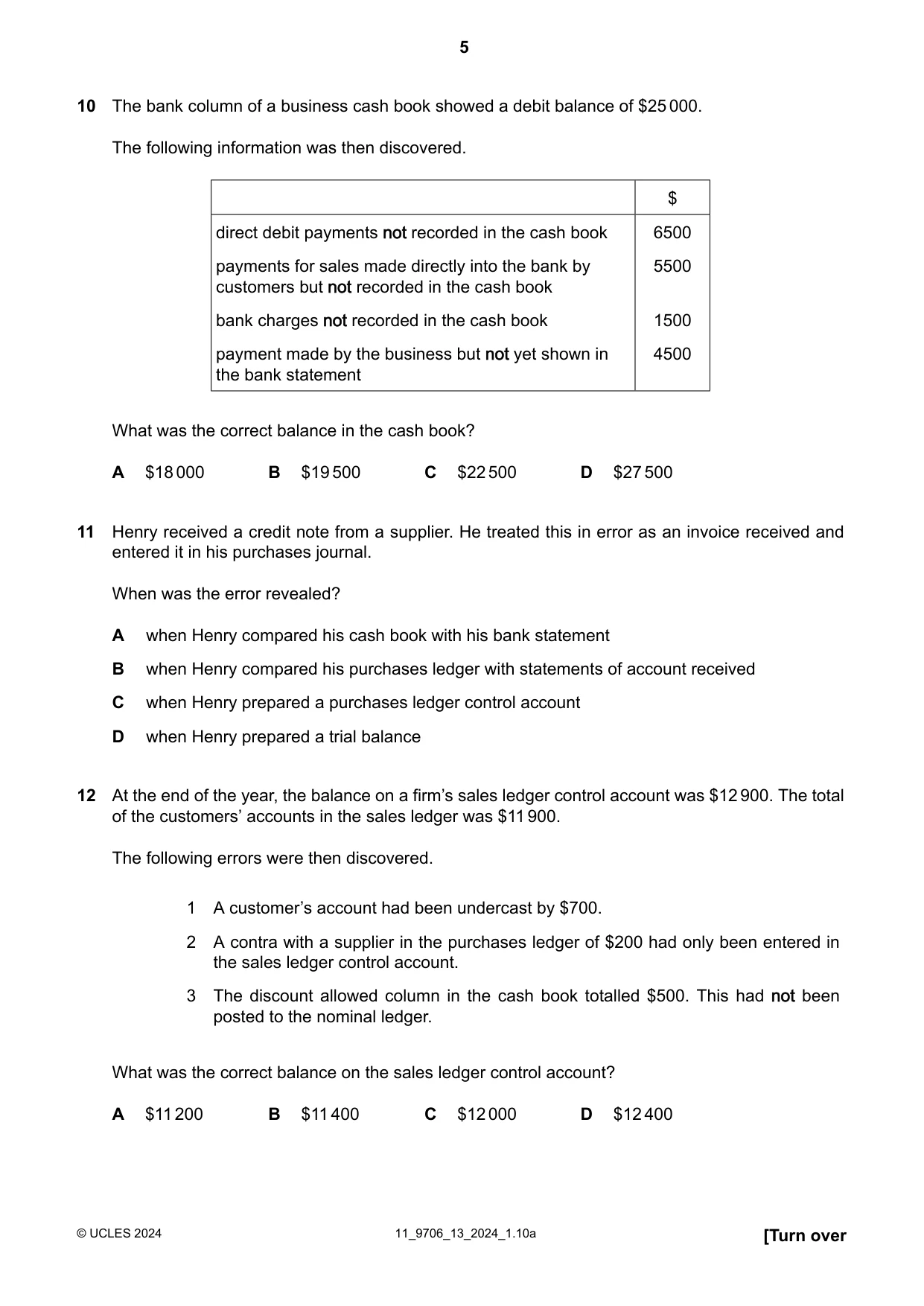 Cambridge A Level Accounting 9706 2024 Oct/Nov Paper 1 · Variant 3 question paper, page 5 of 12