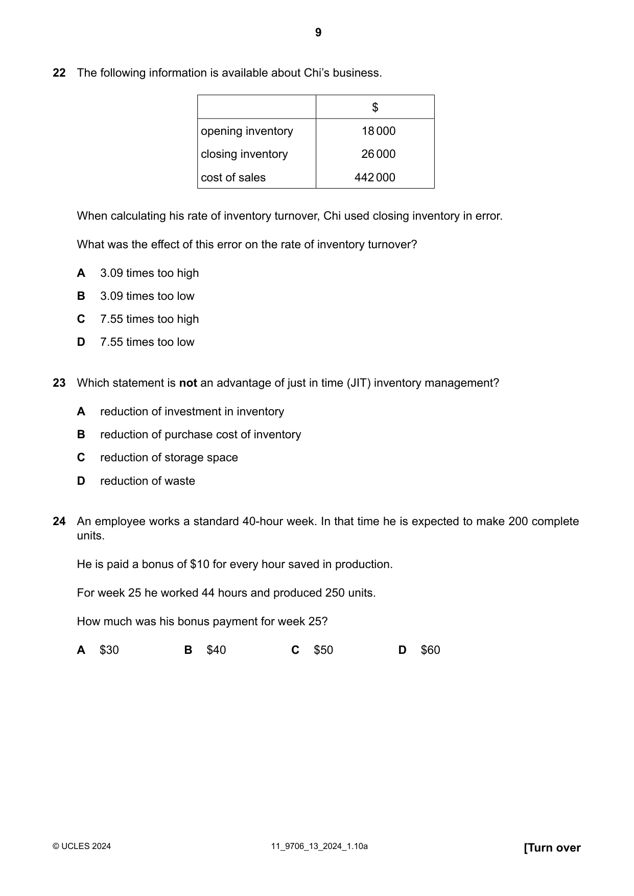 Cambridge A Level Accounting 9706 2024 Oct/Nov Paper 1 · Variant 3 question paper, page 9 of 12