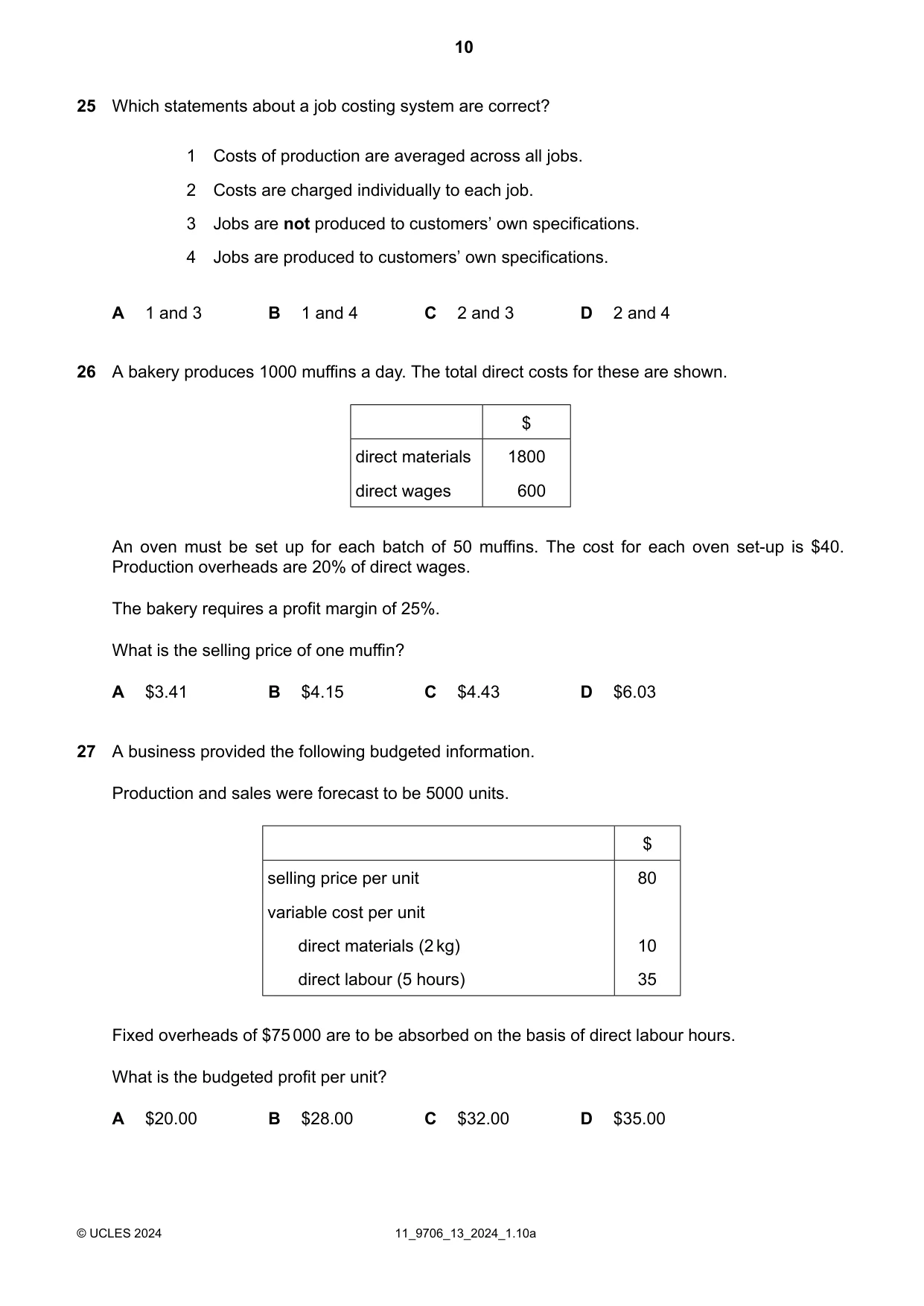 Cambridge A Level Accounting 9706 2024 Oct/Nov Paper 1 · Variant 3 question paper, page 10 of 12