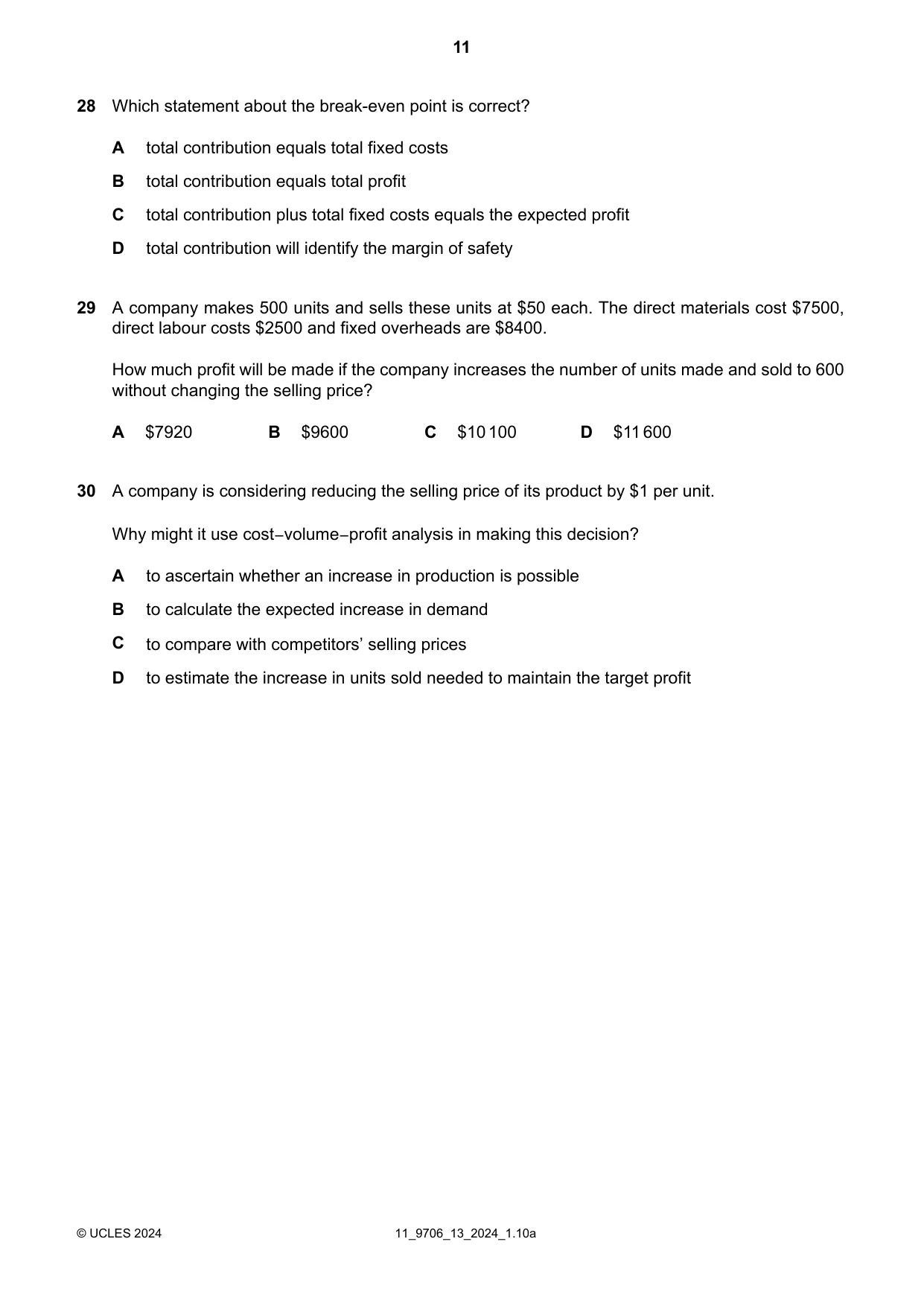 Cambridge A Level Accounting 9706 2024 Oct/Nov Paper 1 · Variant 3 question paper, page 11 of 12