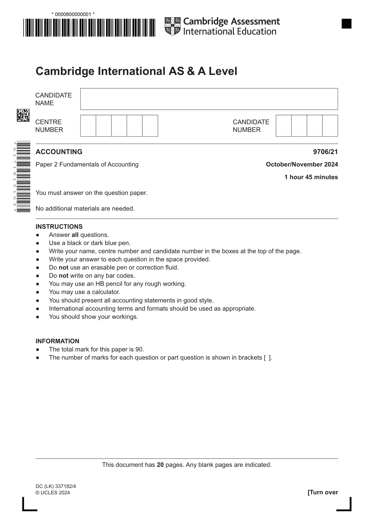 Cambridge A Level Accounting 9706 2024 Oct/Nov Paper 2 · Variant 1 question paper, page 1 of 20