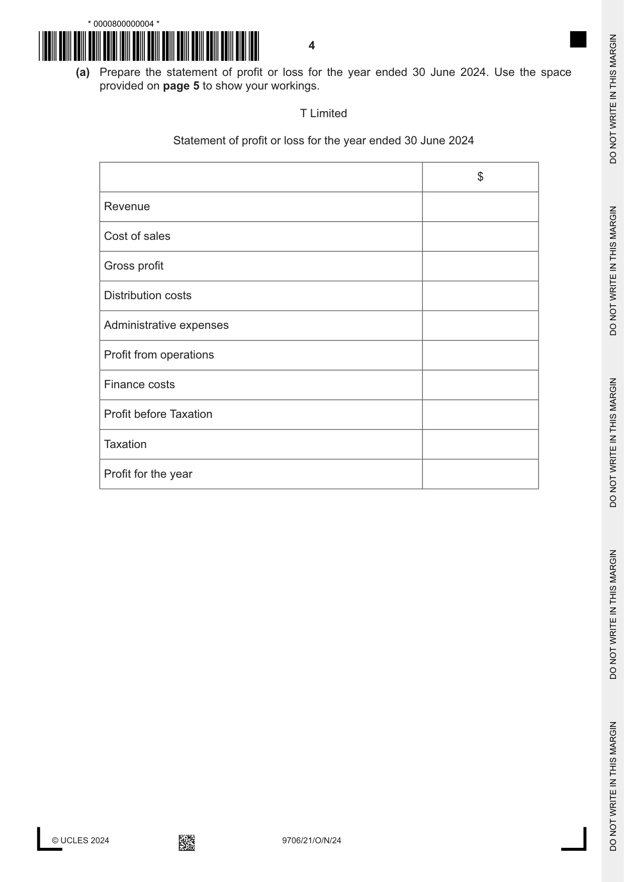Cambridge A Level Accounting 9706 2024 Oct/Nov Paper 2 · Variant 1 question paper, page 4 of 20