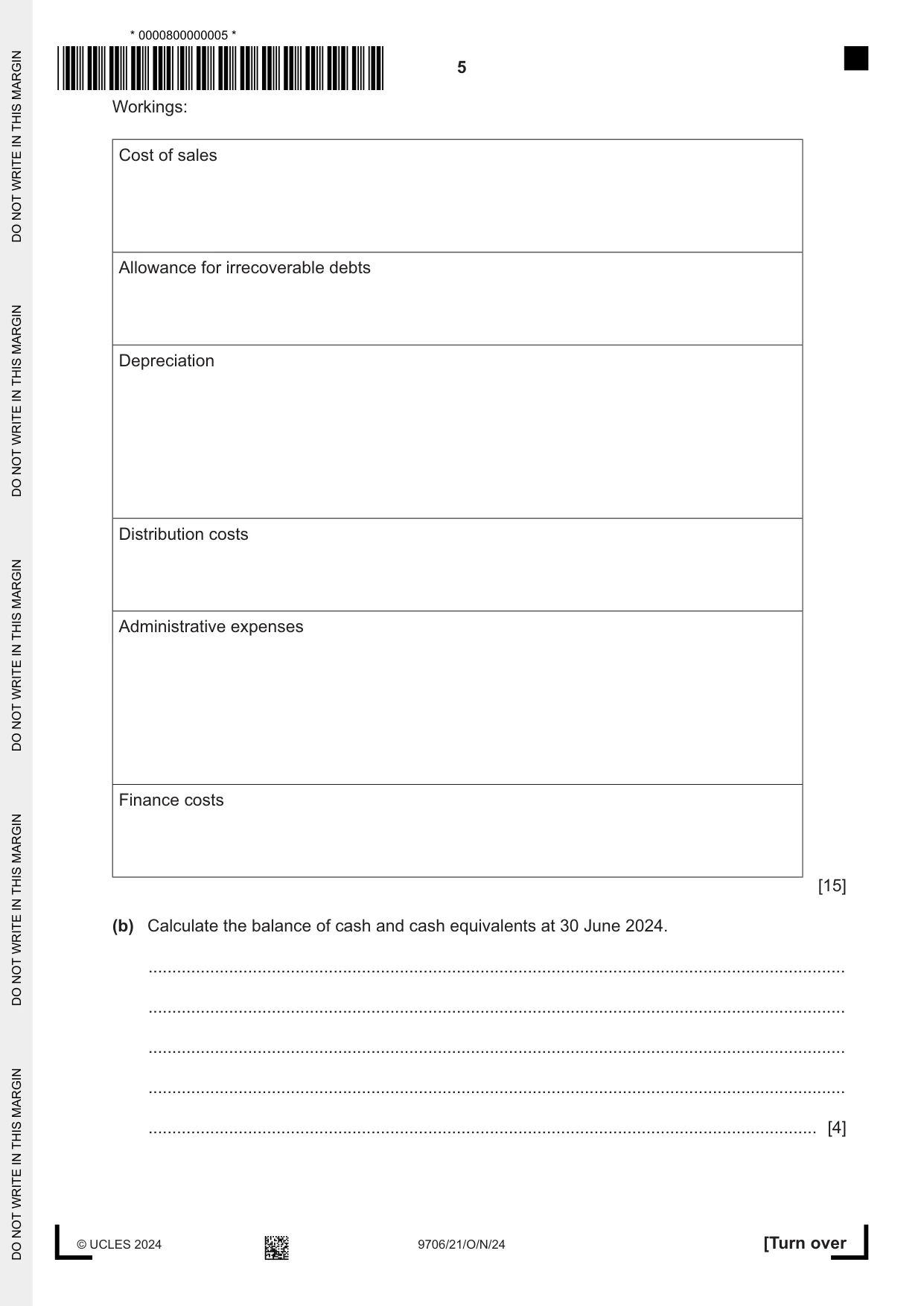 Cambridge A Level Accounting 9706 2024 Oct/Nov Paper 2 · Variant 1 question paper, page 5 of 20