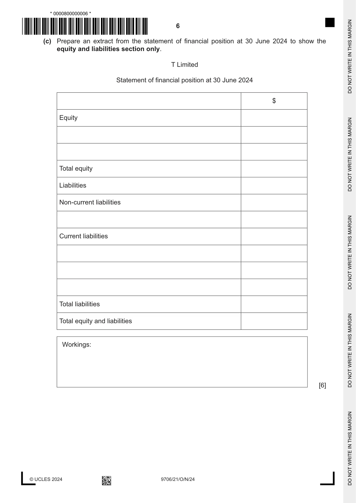 Cambridge A Level Accounting 9706 2024 Oct/Nov Paper 2 · Variant 1 question paper, page 6 of 20
