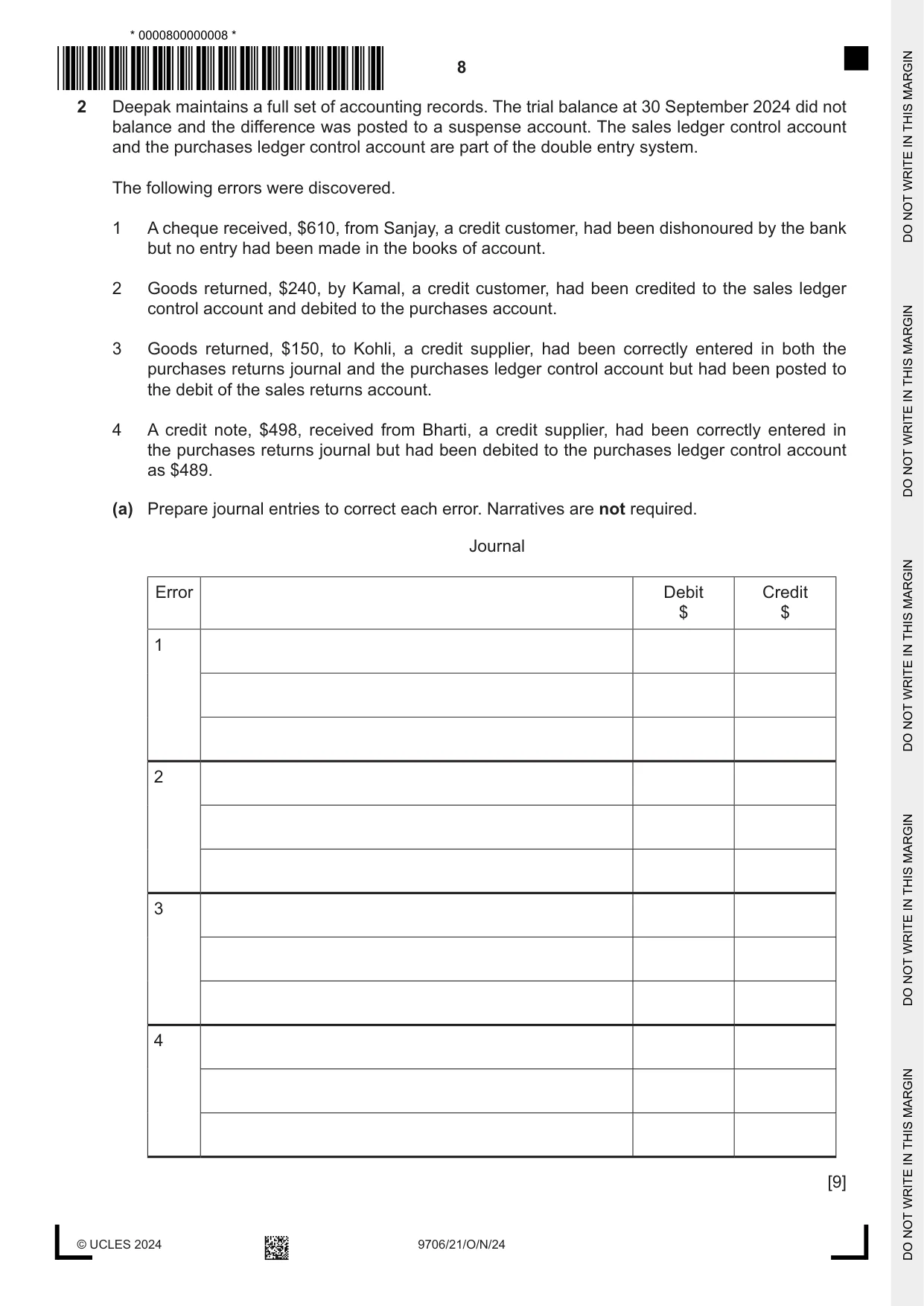 Cambridge A Level Accounting 9706 2024 Oct/Nov Paper 2 · Variant 1 question paper, page 8 of 20