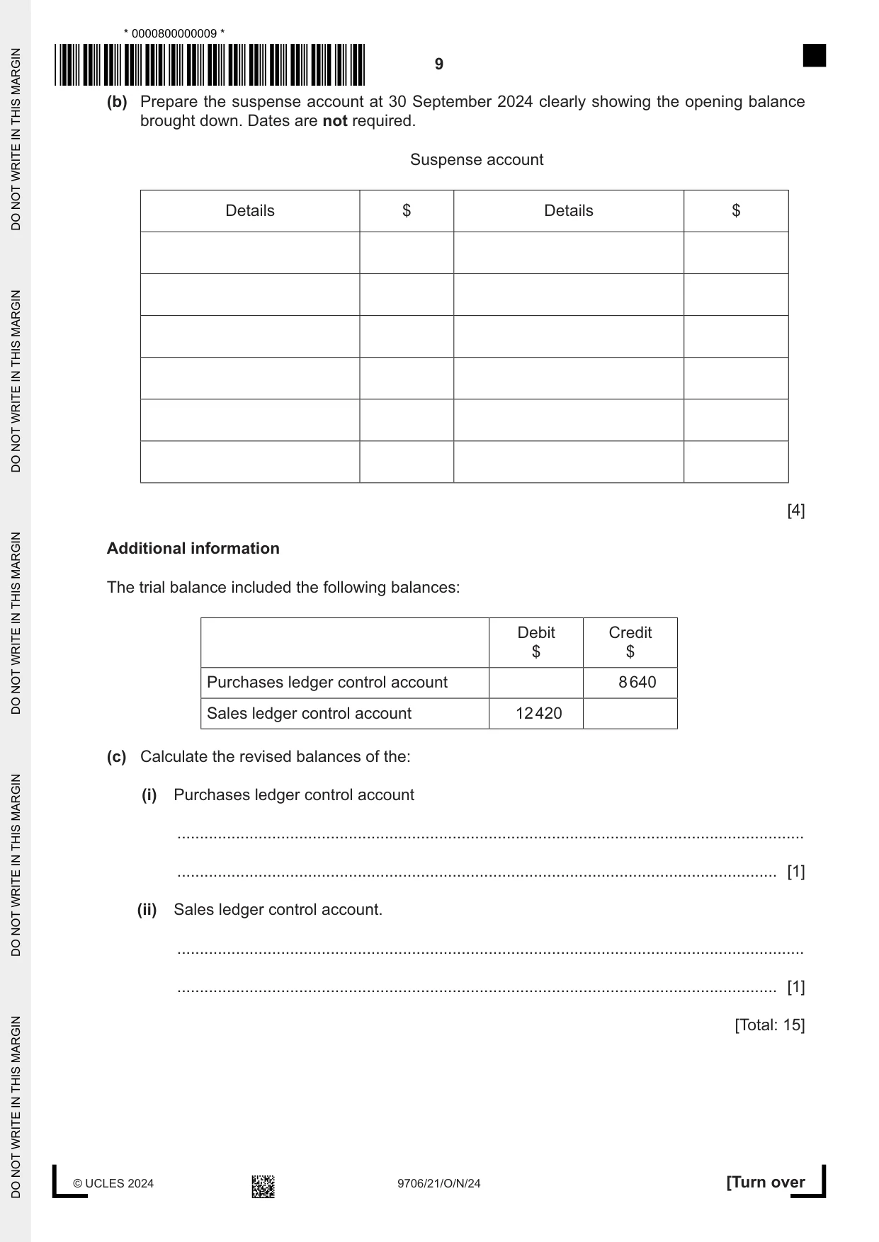 Cambridge A Level Accounting 9706 2024 Oct/Nov Paper 2 · Variant 1 question paper, page 9 of 20