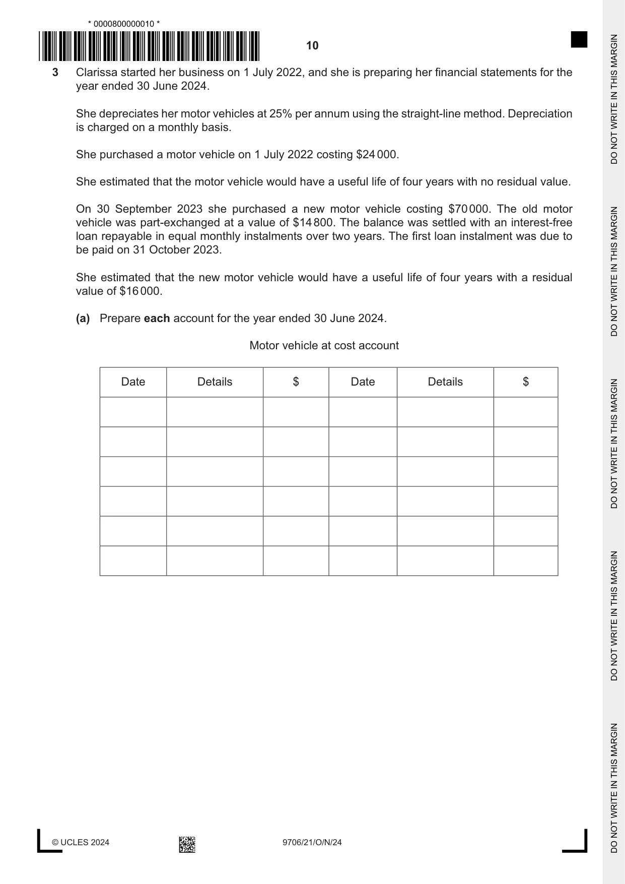Cambridge A Level Accounting 9706 2024 Oct/Nov Paper 2 · Variant 1 question paper, page 10 of 20