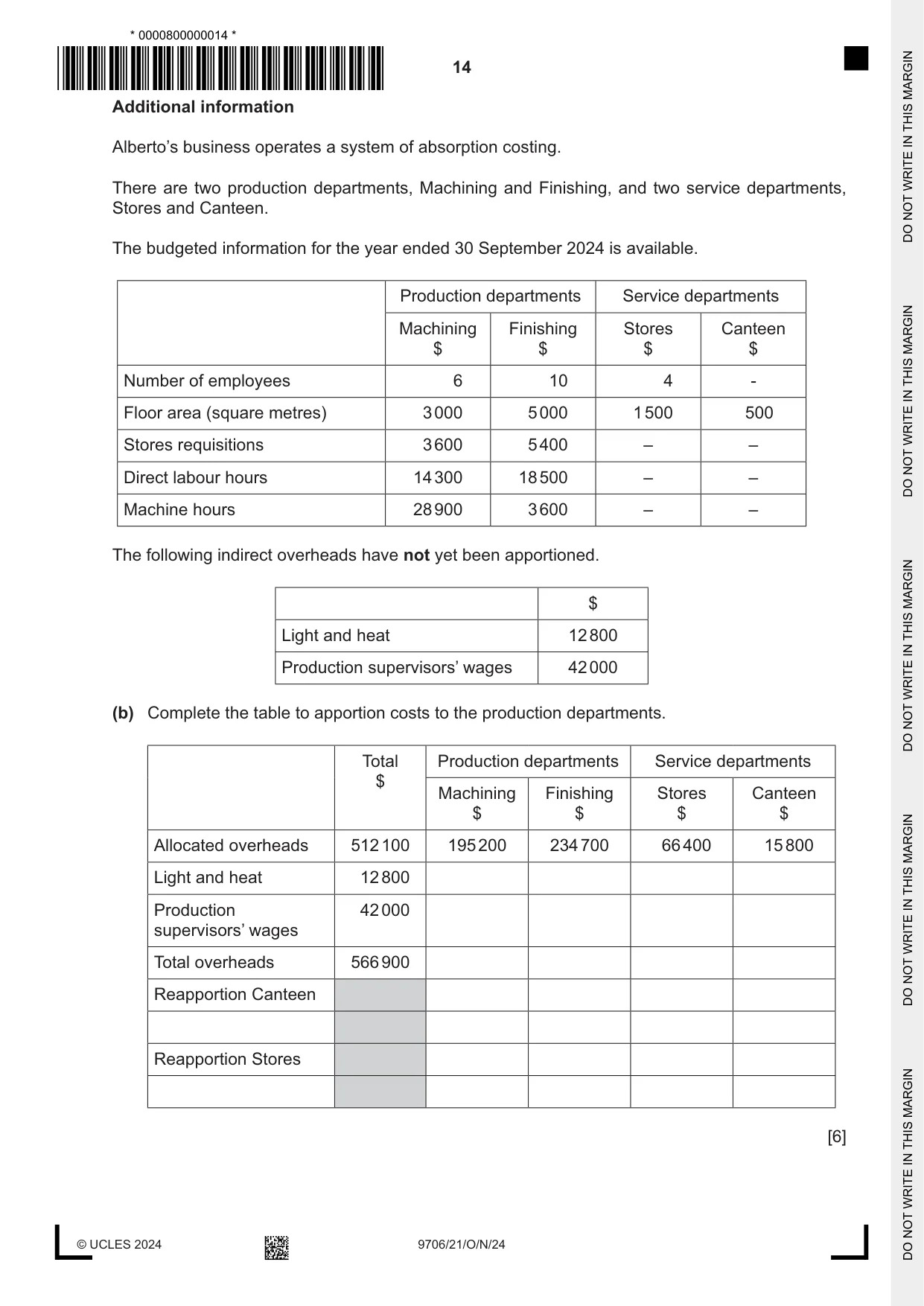 Cambridge A Level Accounting 9706 2024 Oct/Nov Paper 2 · Variant 1 question paper, page 14 of 20