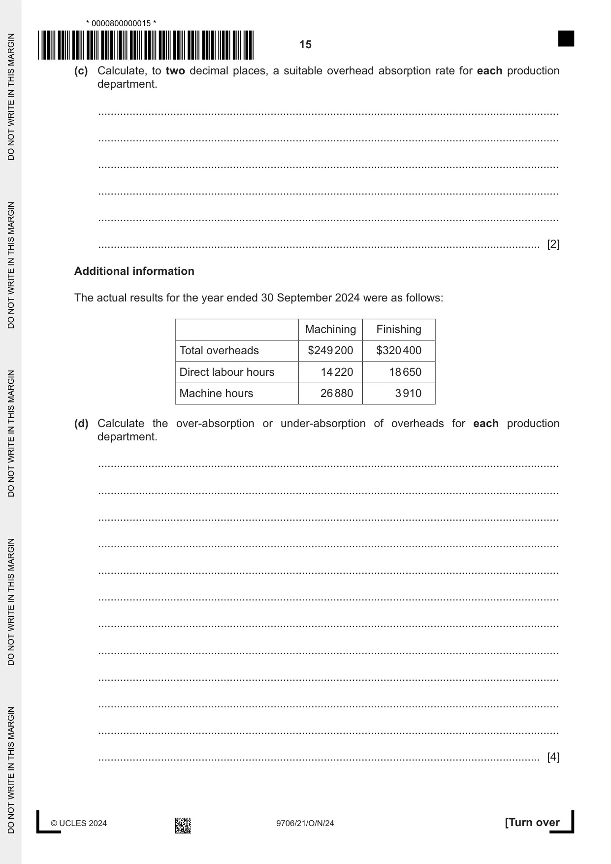 Cambridge A Level Accounting 9706 2024 Oct/Nov Paper 2 · Variant 1 question paper, page 15 of 20