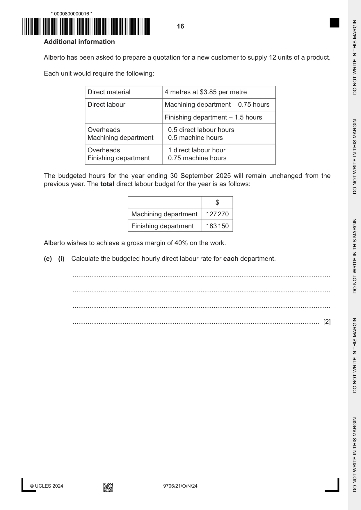 Cambridge A Level Accounting 9706 2024 Oct/Nov Paper 2 · Variant 1 question paper, page 16 of 20