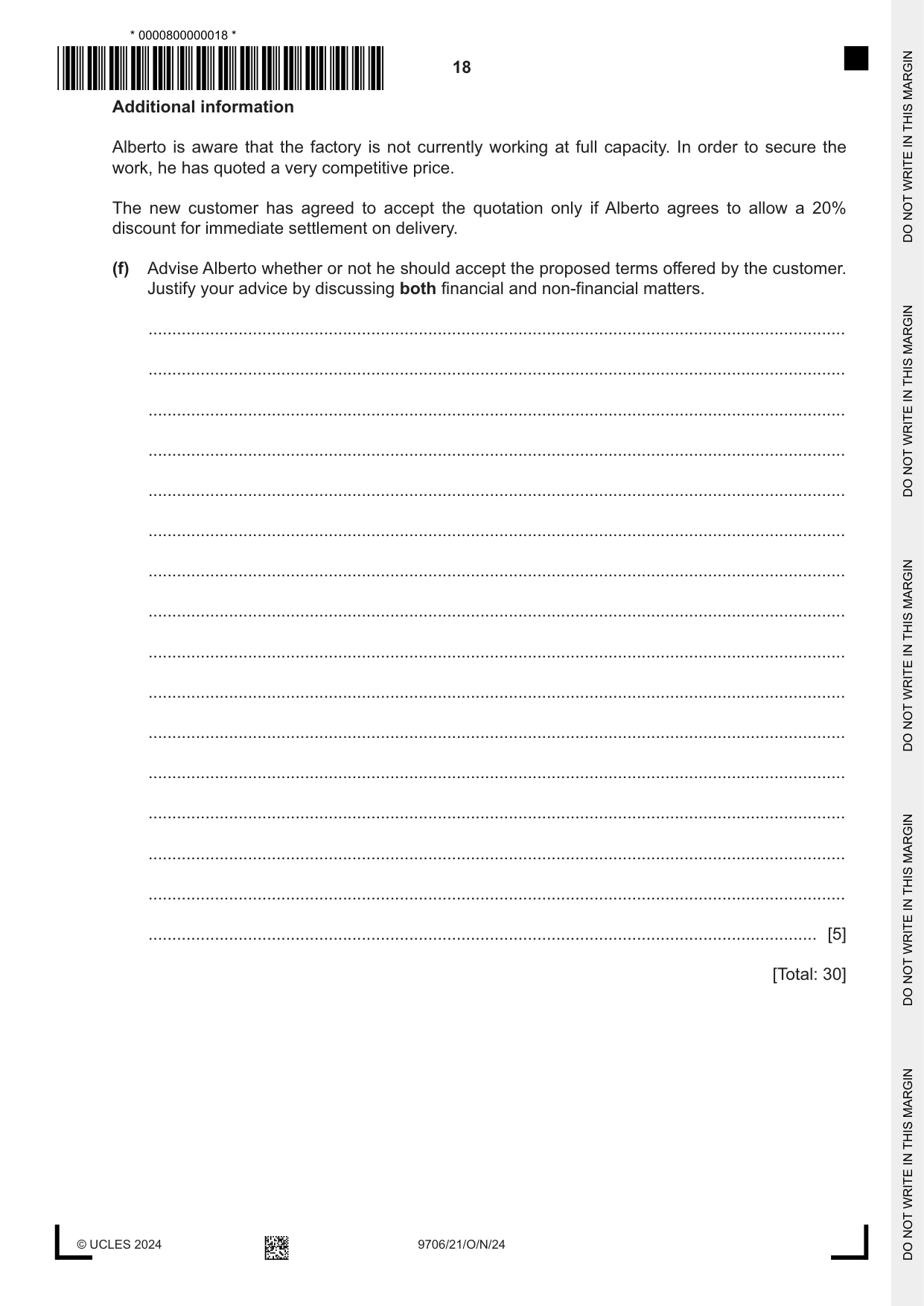 Cambridge A Level Accounting 9706 2024 Oct/Nov Paper 2 · Variant 1 question paper, page 18 of 20