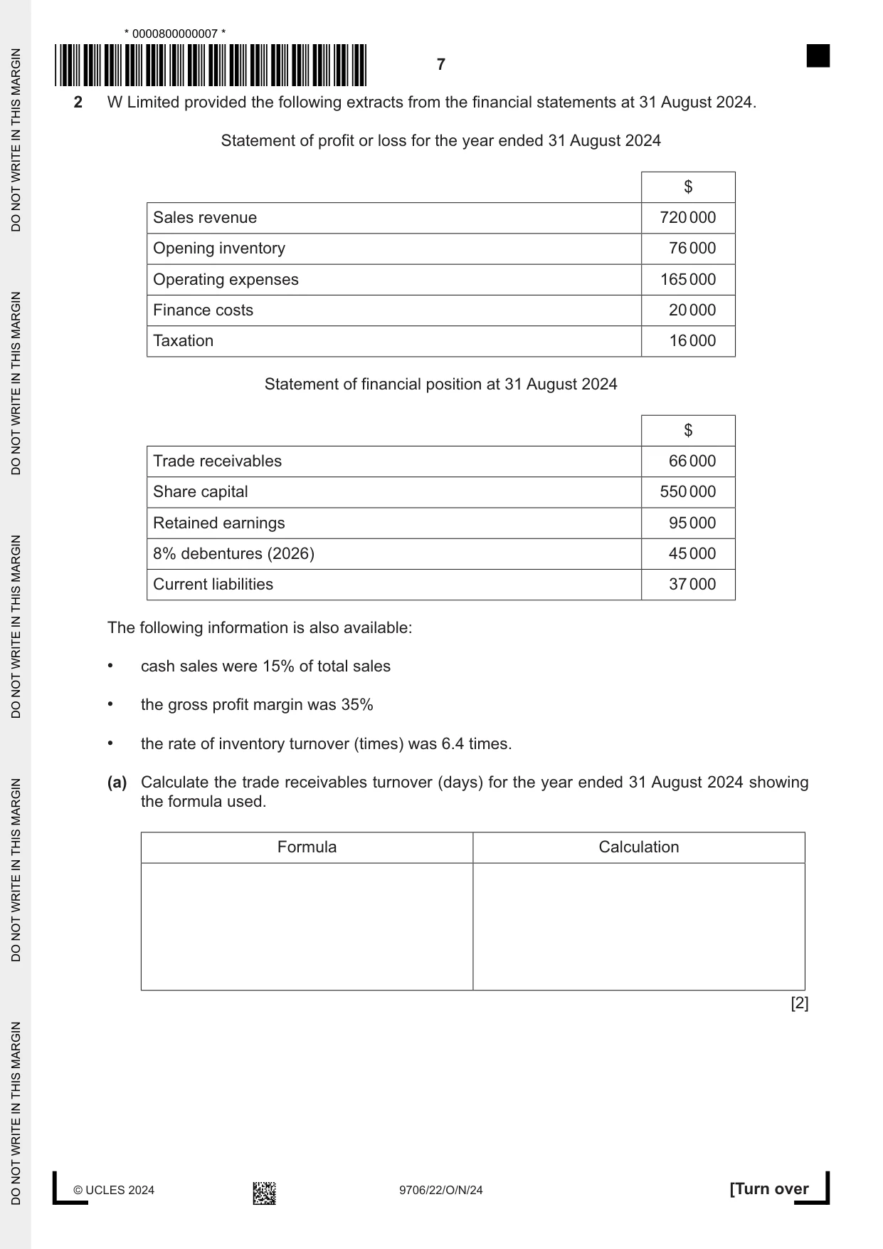 Cambridge A Level Accounting 9706 2024 Oct/Nov Paper 2 · Variant 2 question paper, page 7 of 20