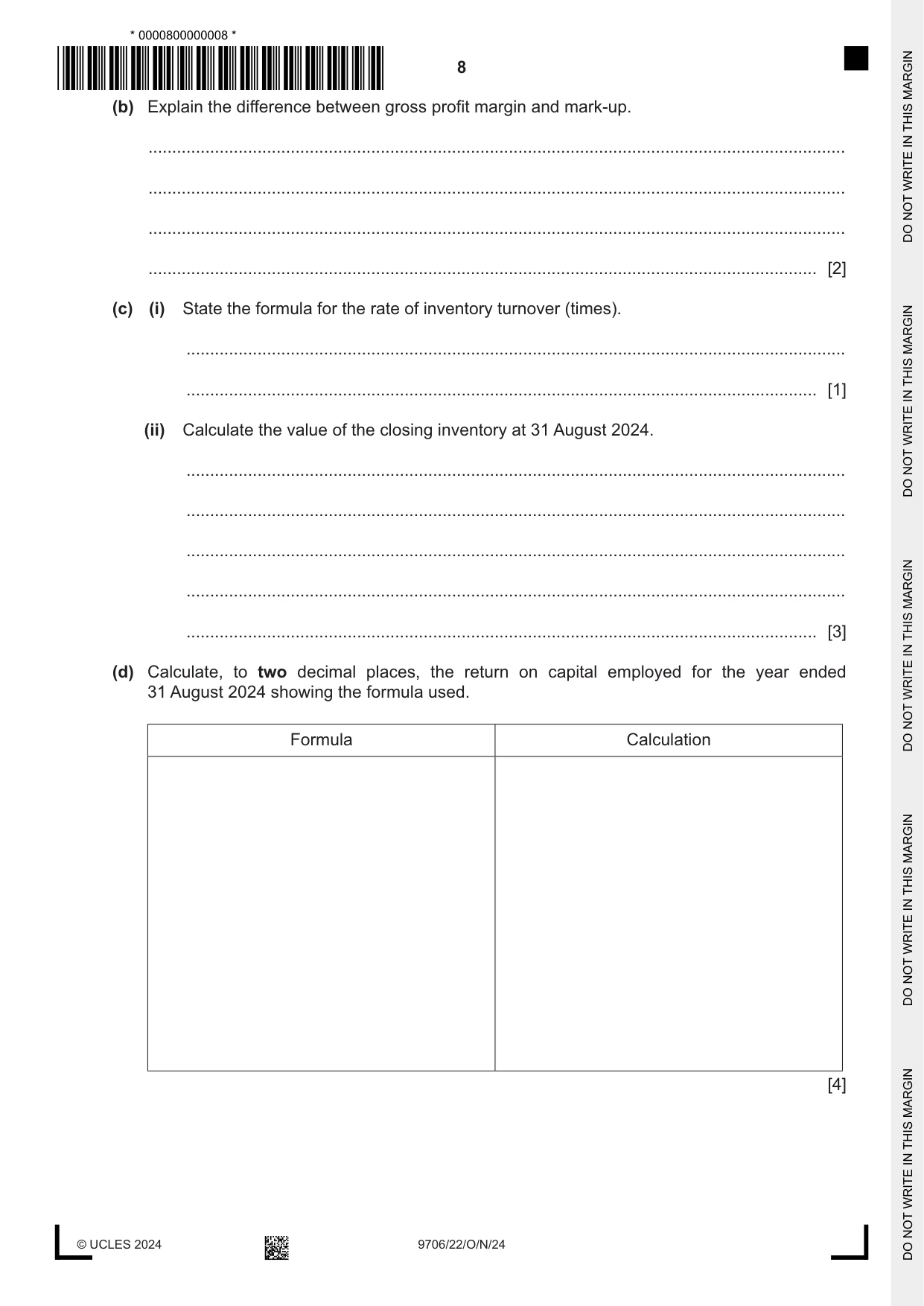 Cambridge A Level Accounting 9706 2024 Oct/Nov Paper 2 · Variant 2 question paper, page 8 of 20