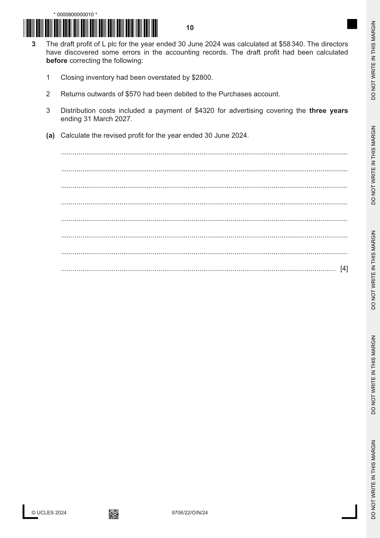 Cambridge A Level Accounting 9706 2024 Oct/Nov Paper 2 · Variant 2 question paper, page 10 of 20