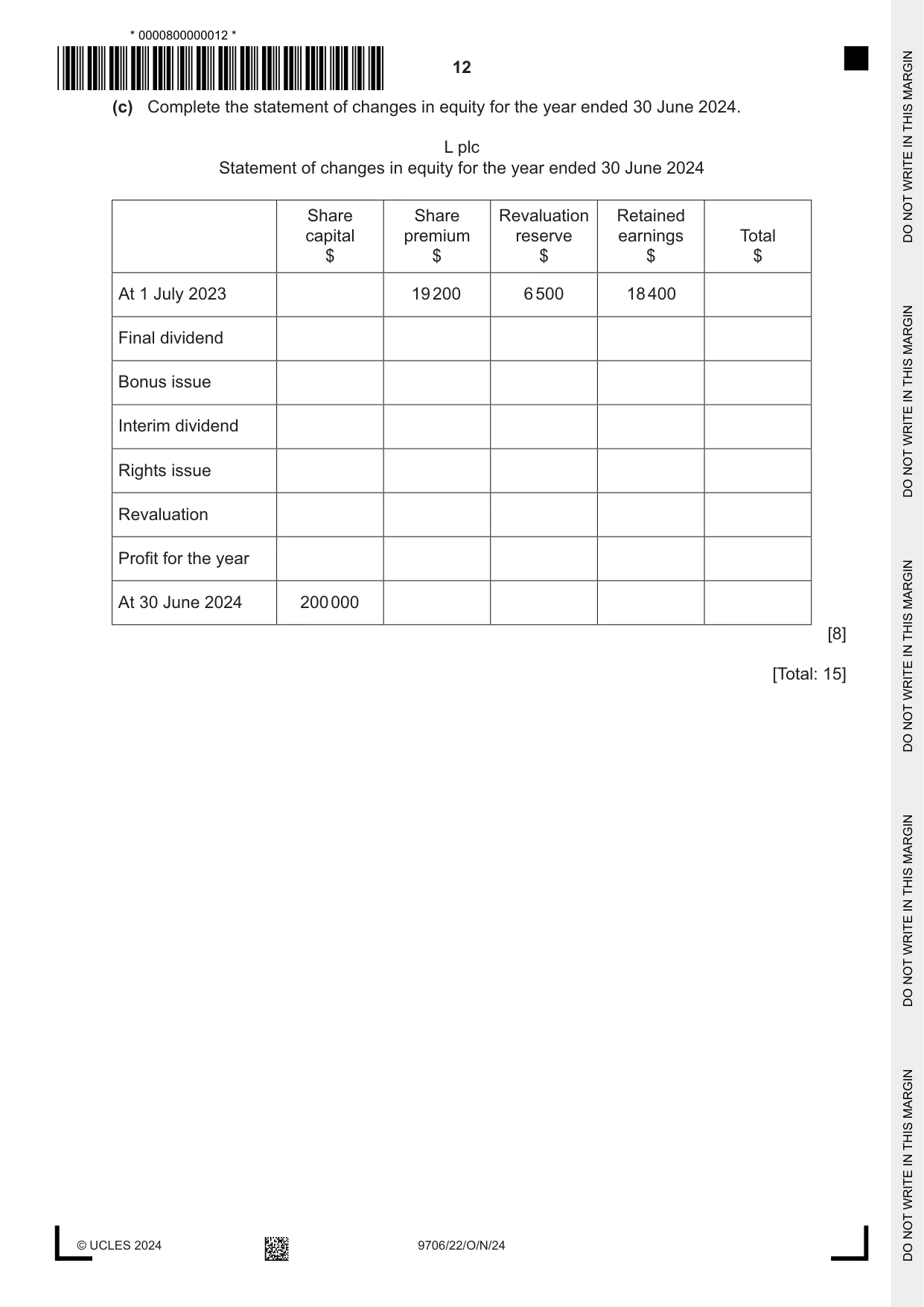 Cambridge A Level Accounting 9706 2024 Oct/Nov Paper 2 · Variant 2 question paper, page 12 of 20