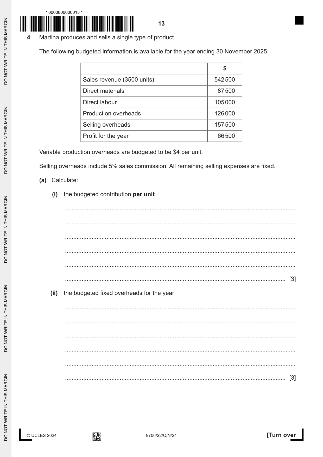 Cambridge A Level Accounting 9706 2024 Oct/Nov Paper 2 · Variant 2 question paper, page 13 of 20