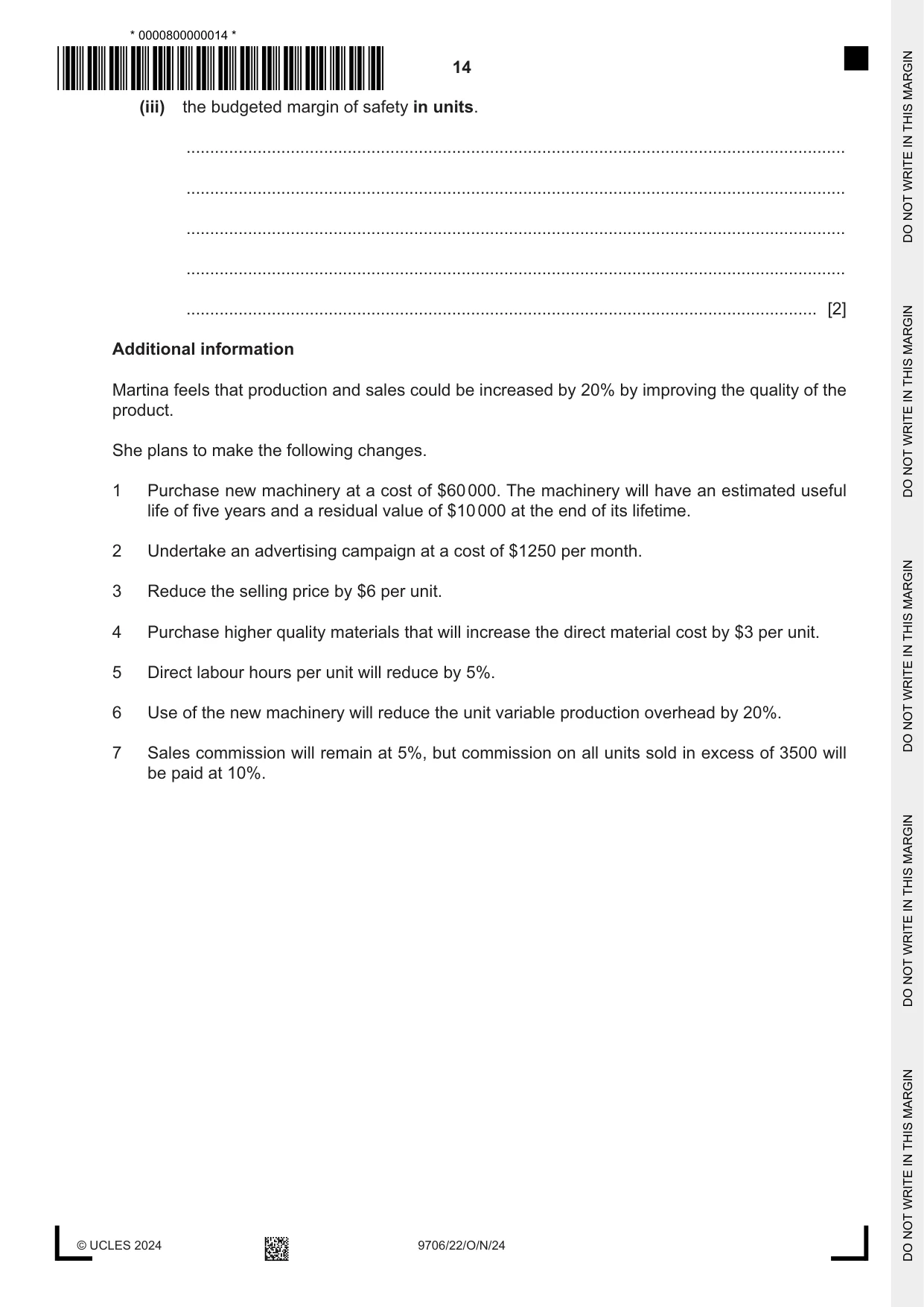 Cambridge A Level Accounting 9706 2024 Oct/Nov Paper 2 · Variant 2 question paper, page 14 of 20