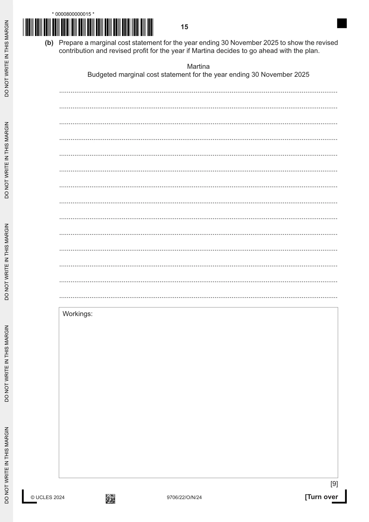 Cambridge A Level Accounting 9706 2024 Oct/Nov Paper 2 · Variant 2 question paper, page 15 of 20