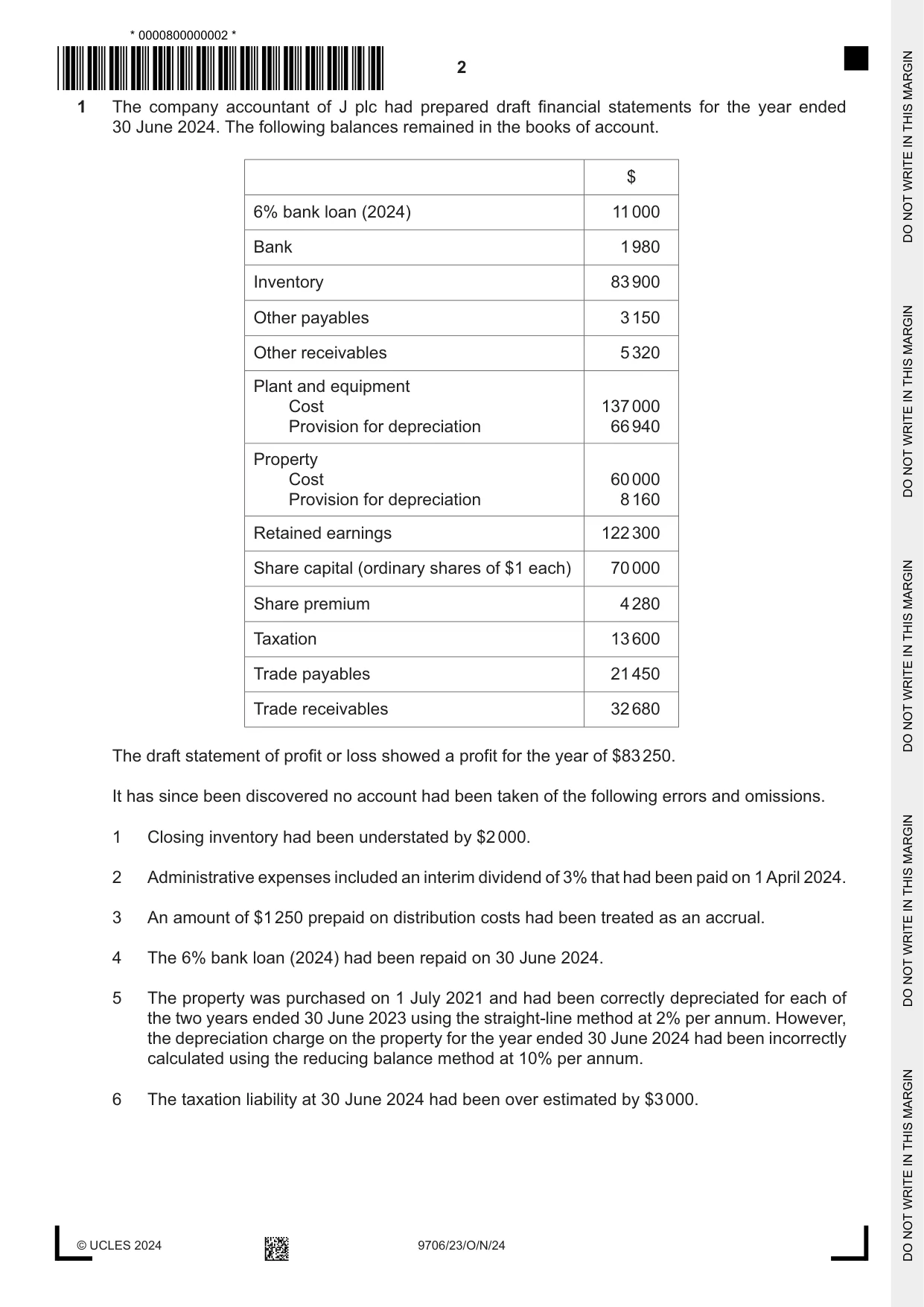 Cambridge A Level Accounting 9706 2024 Oct/Nov Paper 2 · Variant 3 question paper, page 2 of 20
