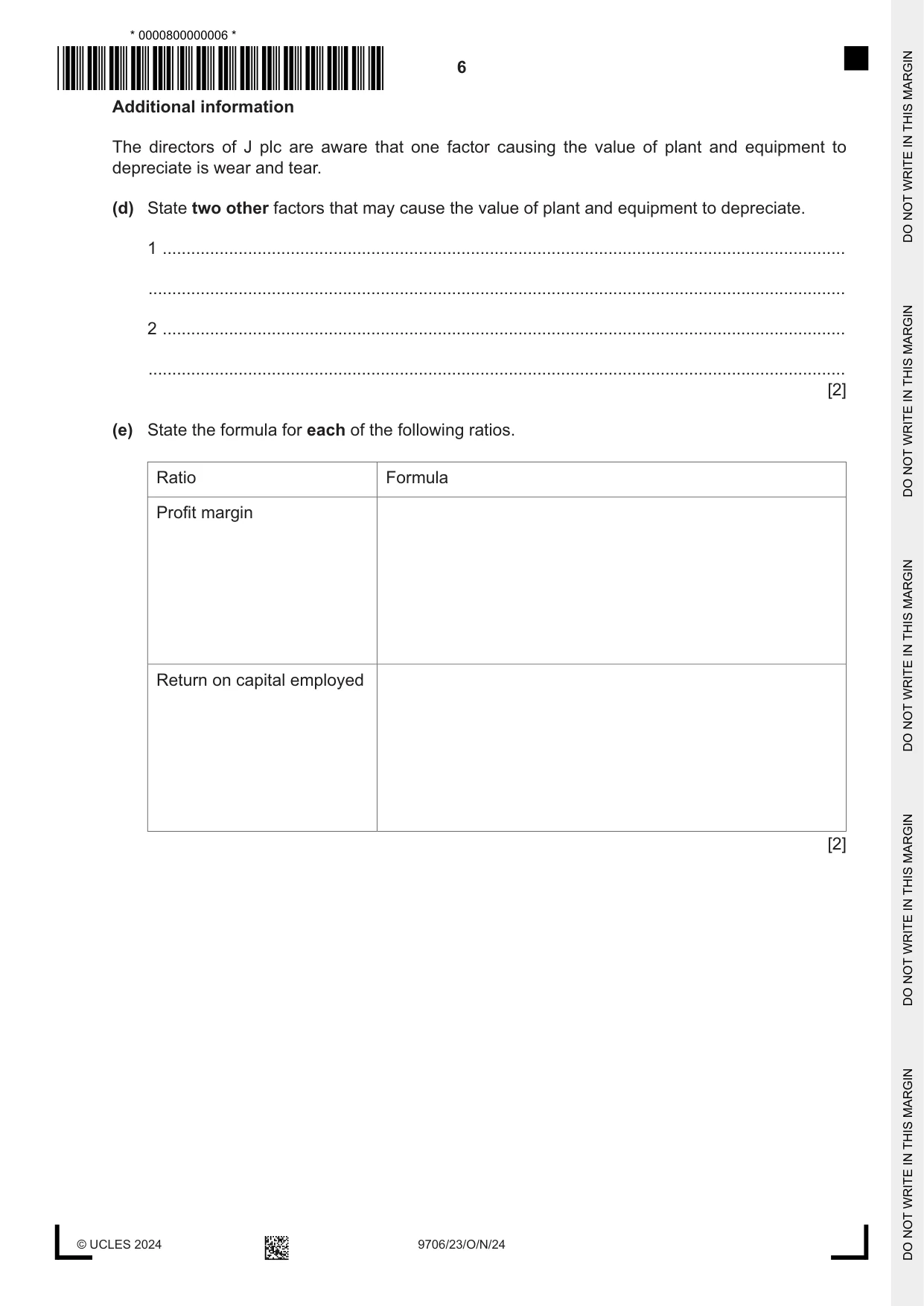 Cambridge A Level Accounting 9706 2024 Oct/Nov Paper 2 · Variant 3 question paper, page 6 of 20