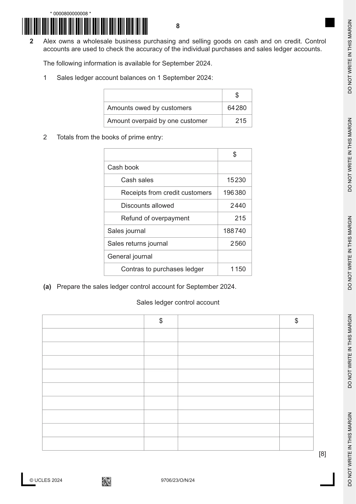 Cambridge A Level Accounting 9706 2024 Oct/Nov Paper 2 · Variant 3 question paper, page 8 of 20