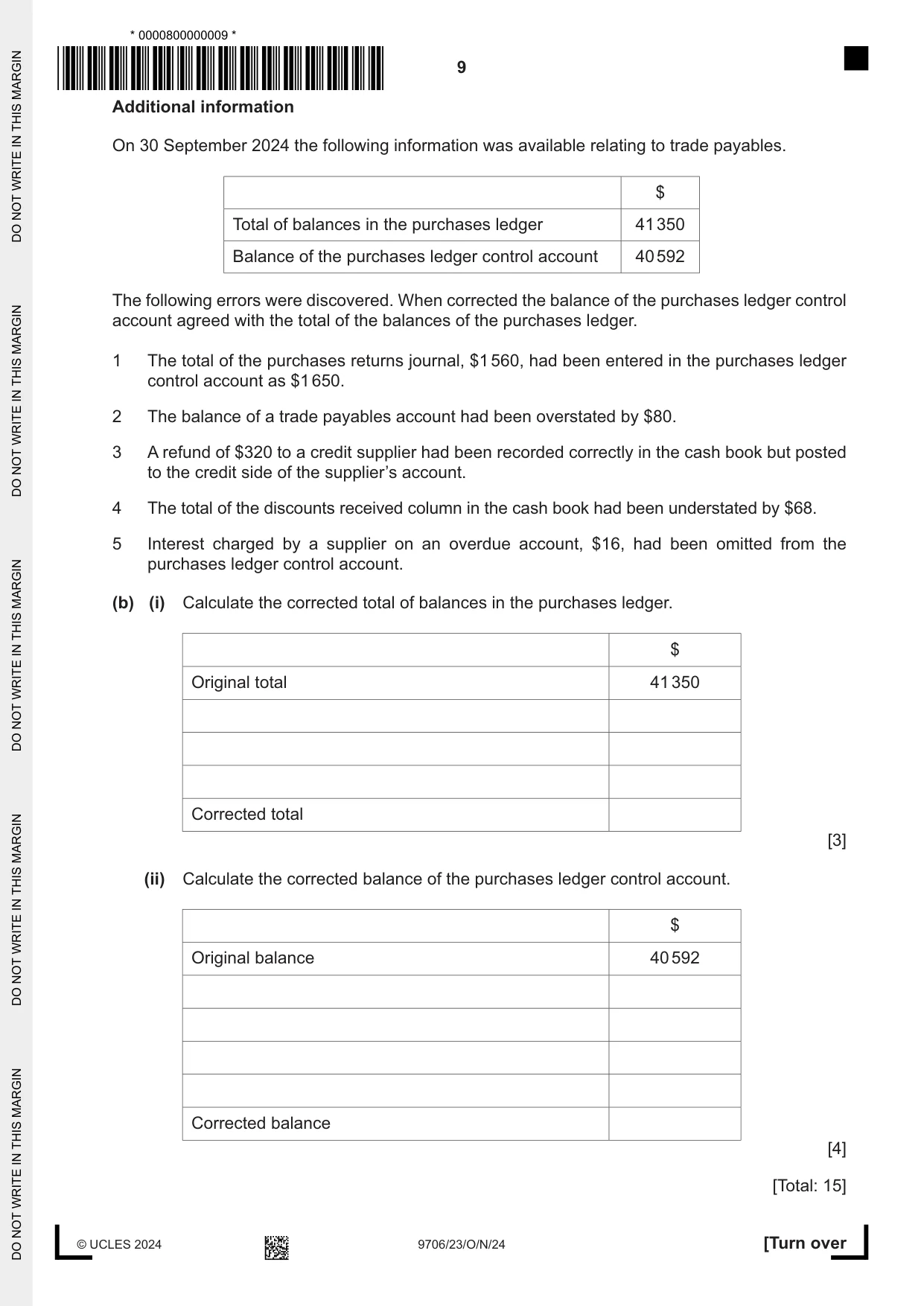 Cambridge A Level Accounting 9706 2024 Oct/Nov Paper 2 · Variant 3 question paper, page 9 of 20