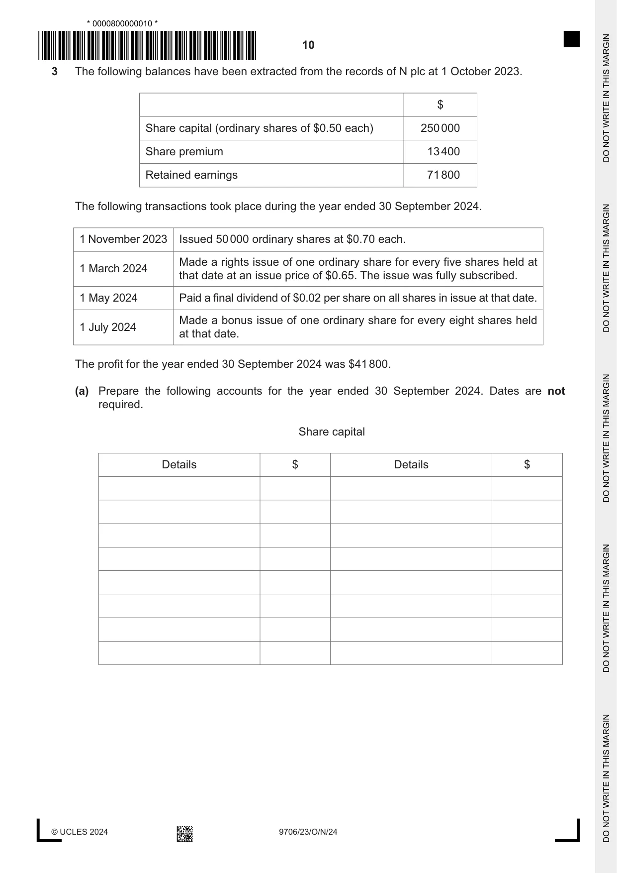Cambridge A Level Accounting 9706 2024 Oct/Nov Paper 2 · Variant 3 question paper, page 10 of 20