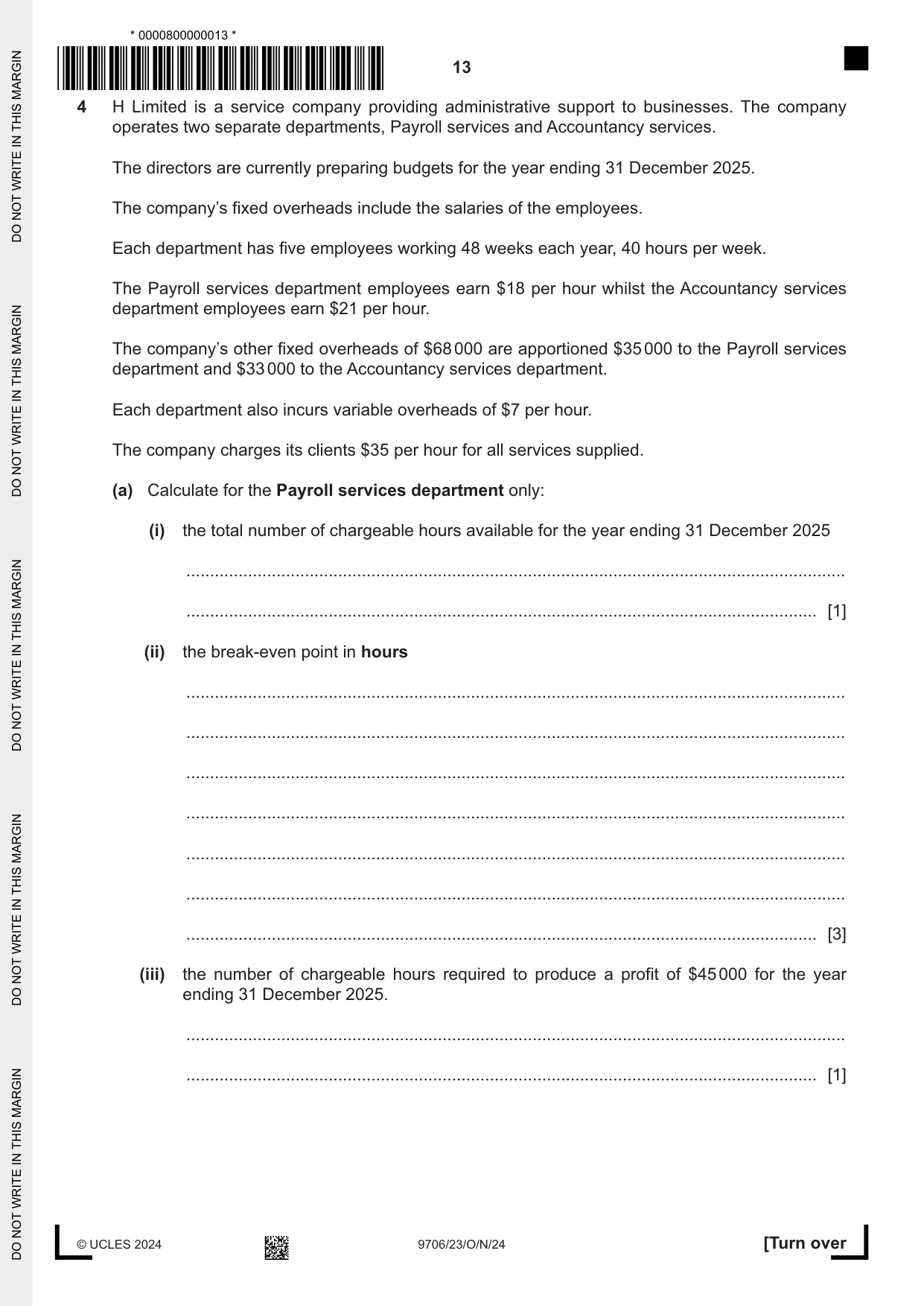Cambridge A Level Accounting 9706 2024 Oct/Nov Paper 2 · Variant 3 question paper, page 13 of 20