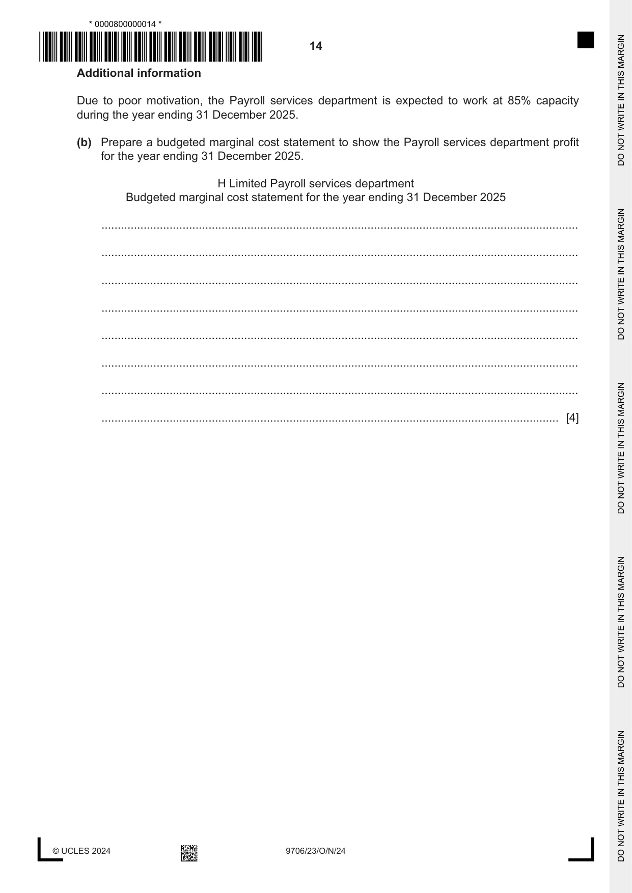 Cambridge A Level Accounting 9706 2024 Oct/Nov Paper 2 · Variant 3 question paper, page 14 of 20