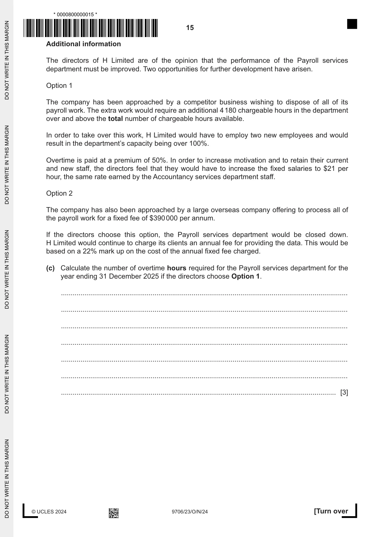 Cambridge A Level Accounting 9706 2024 Oct/Nov Paper 2 · Variant 3 question paper, page 15 of 20