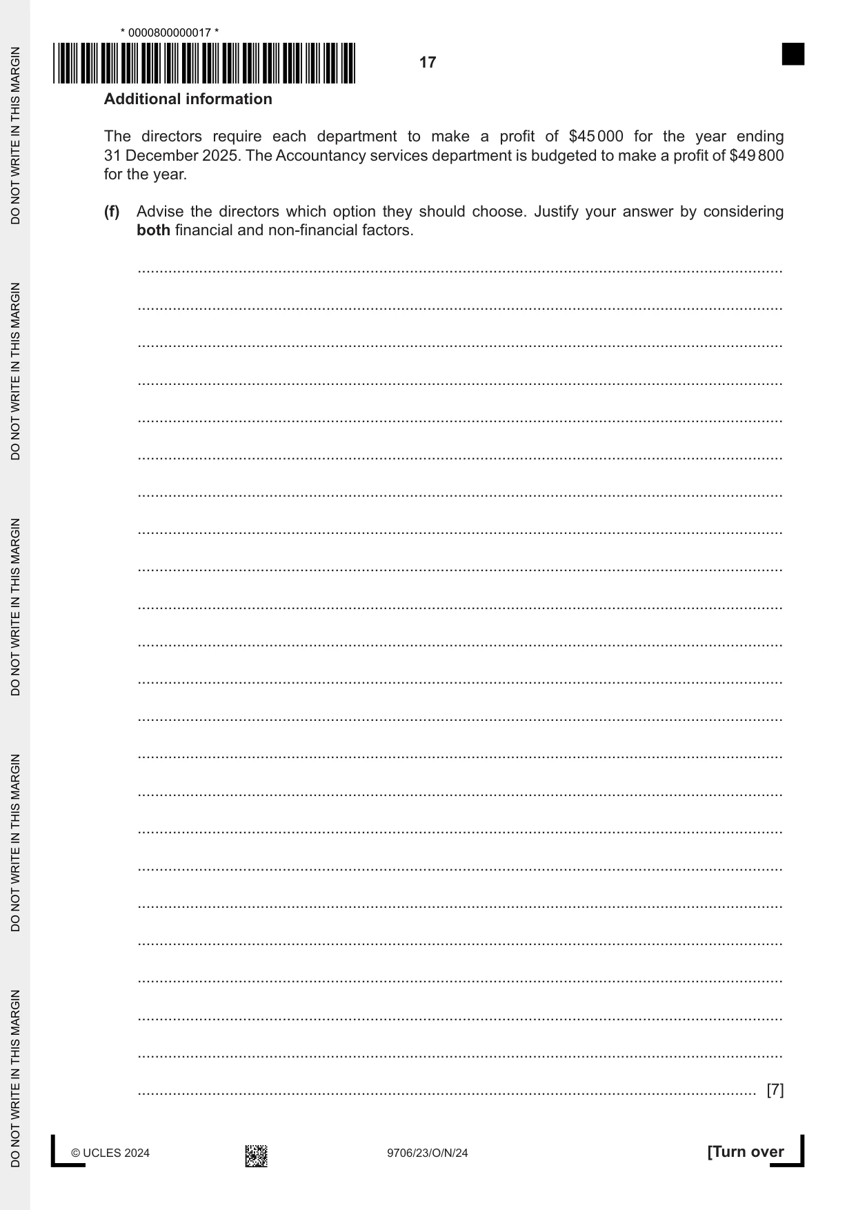 Cambridge A Level Accounting 9706 2024 Oct/Nov Paper 2 · Variant 3 question paper, page 17 of 20