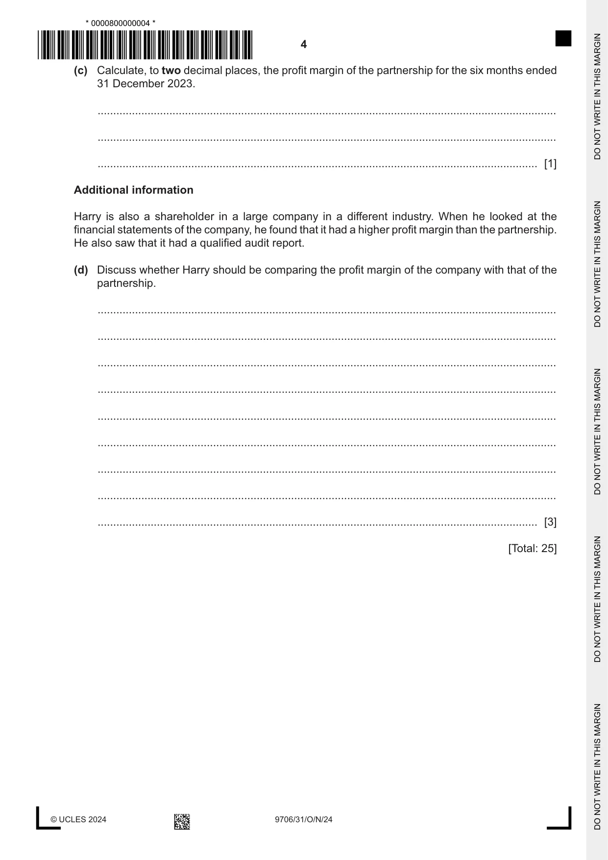 Cambridge A Level Accounting 9706 2024 Oct/Nov Paper 3 · Variant 1 question paper, page 4 of 16