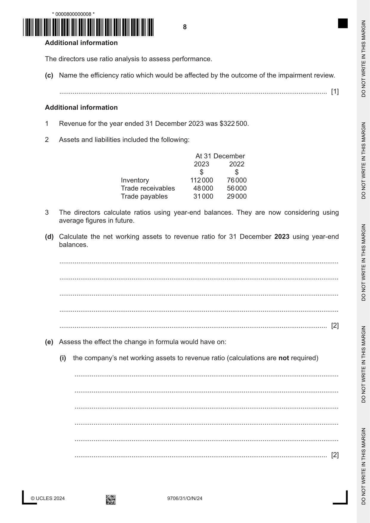 Cambridge A Level Accounting 9706 2024 Oct/Nov Paper 3 · Variant 1 question paper, page 8 of 16