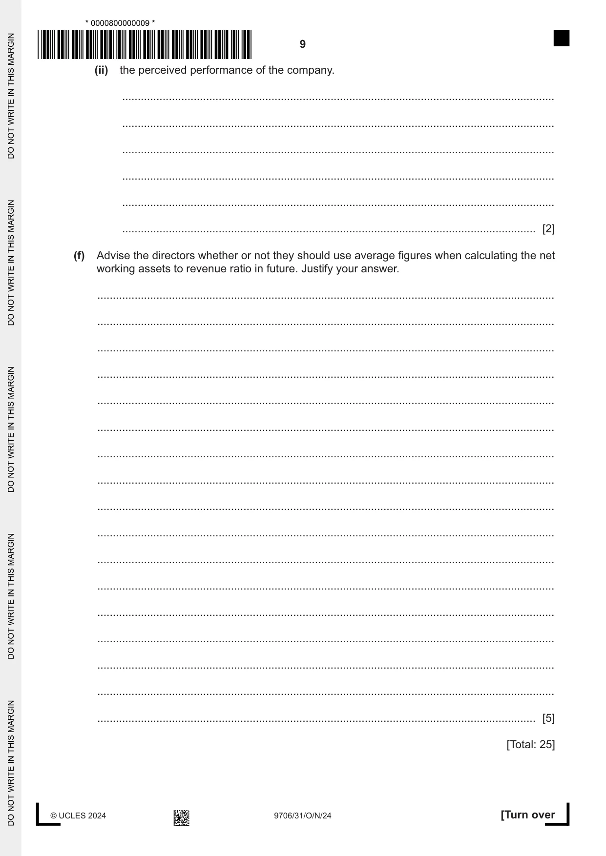 Cambridge A Level Accounting 9706 2024 Oct/Nov Paper 3 · Variant 1 question paper, page 9 of 16