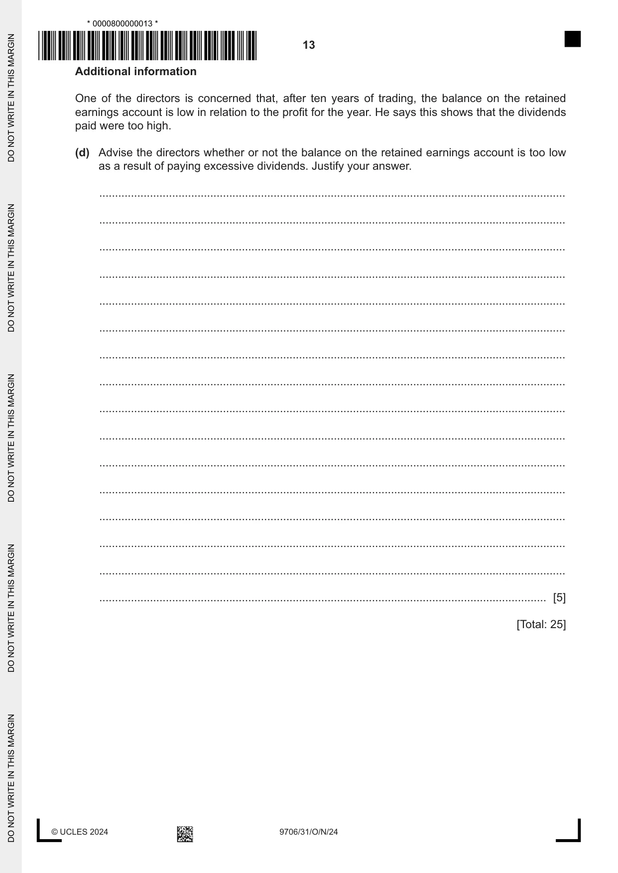 Cambridge A Level Accounting 9706 2024 Oct/Nov Paper 3 · Variant 1 question paper, page 13 of 16