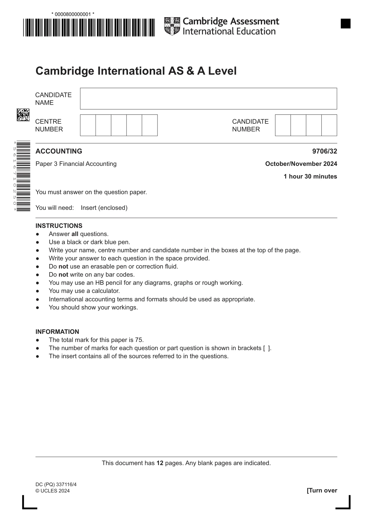 Cambridge A Level Accounting 9706 2024 Oct/Nov Paper 3 · Variant 2 question paper, page 1 of 12