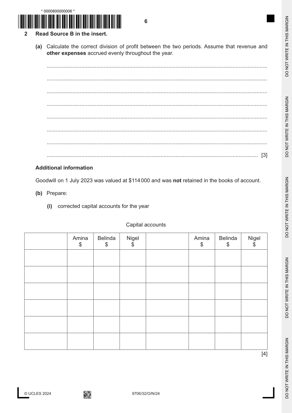 Cambridge A Level Accounting 9706 2024 Oct/Nov Paper 3 · Variant 2 question paper, page 6 of 12