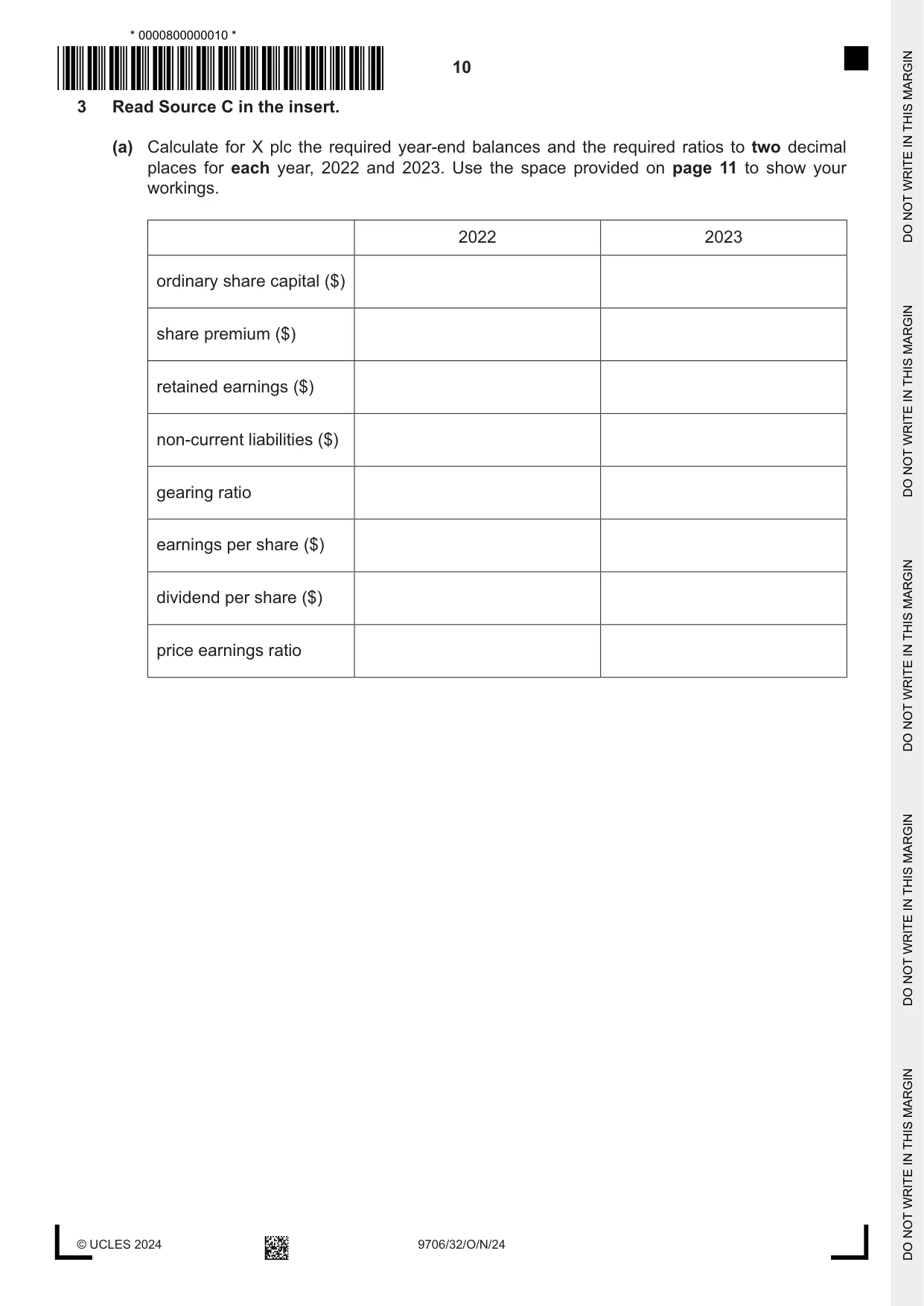 Cambridge A Level Accounting 9706 2024 Oct/Nov Paper 3 · Variant 2 question paper, page 10 of 12